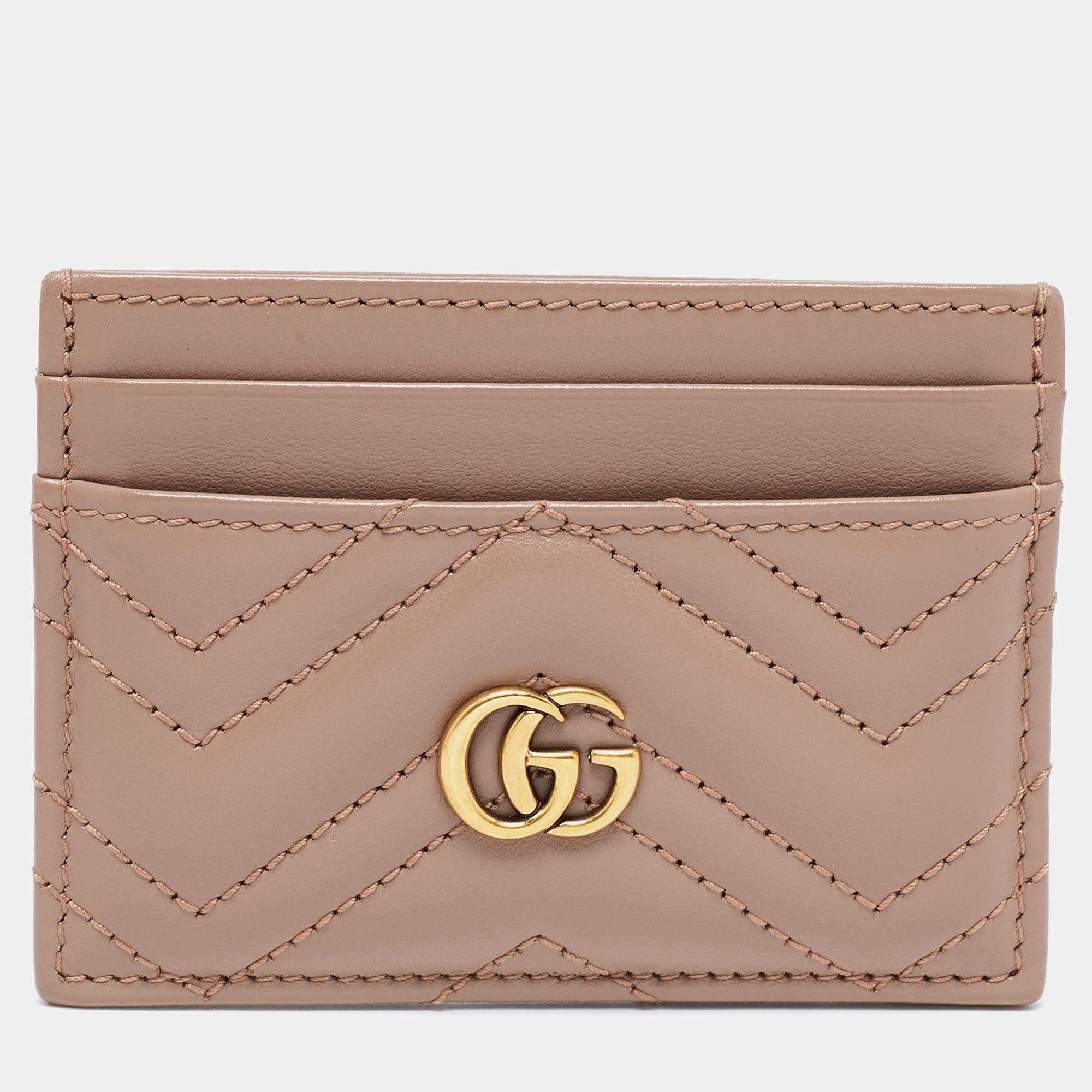 Pre Owned Gucci Beige Matelassé Leather GG Marmont Card Holder