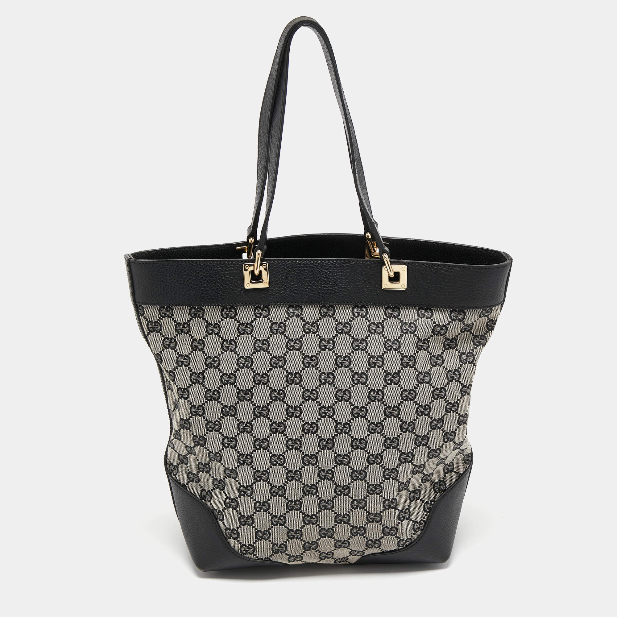 Pre Owned Gucci Black/Grey GG Canvas and Leather Bucket Tote