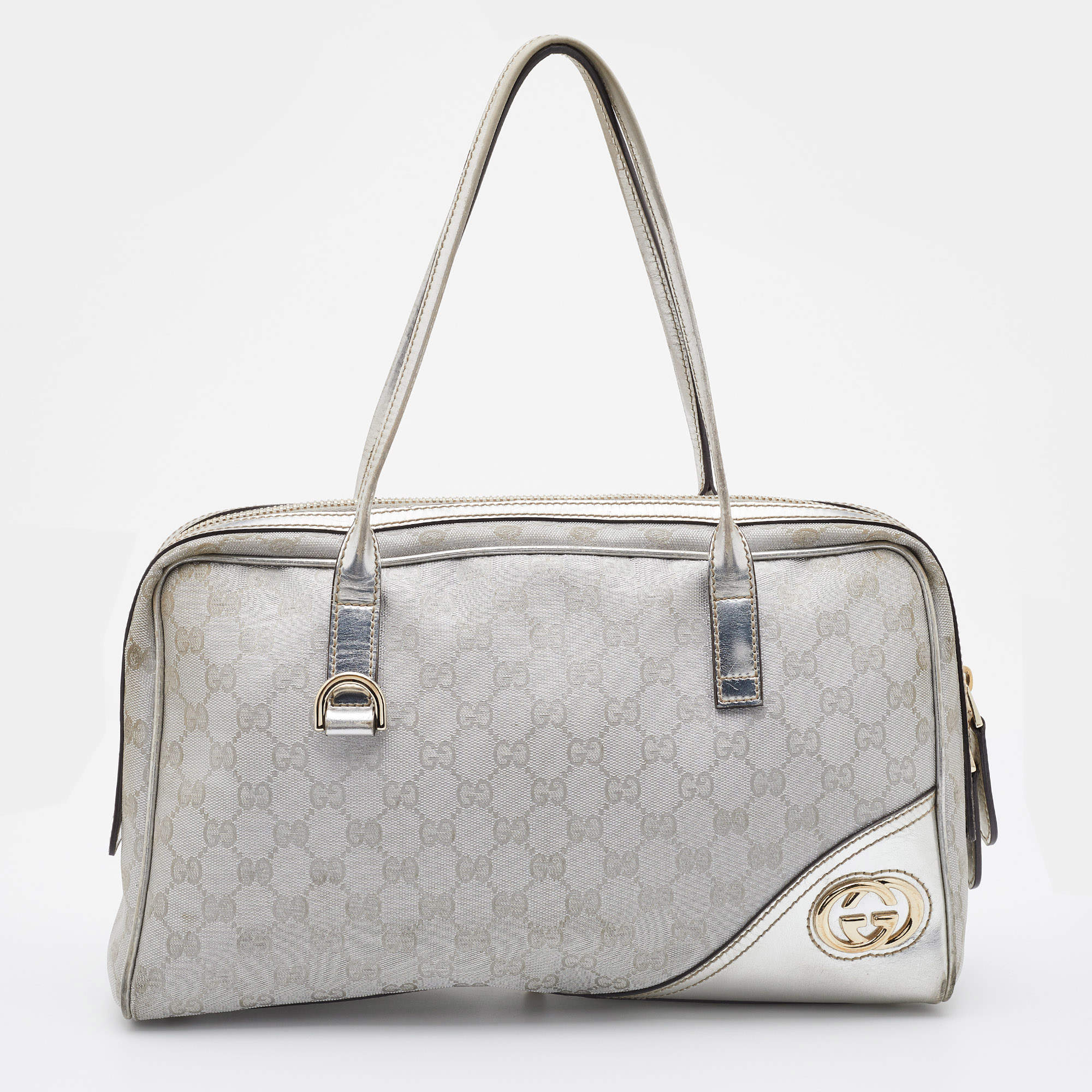 Pre Owned Gucci Silver GG Canvas and Leather New Britt Boston Bag