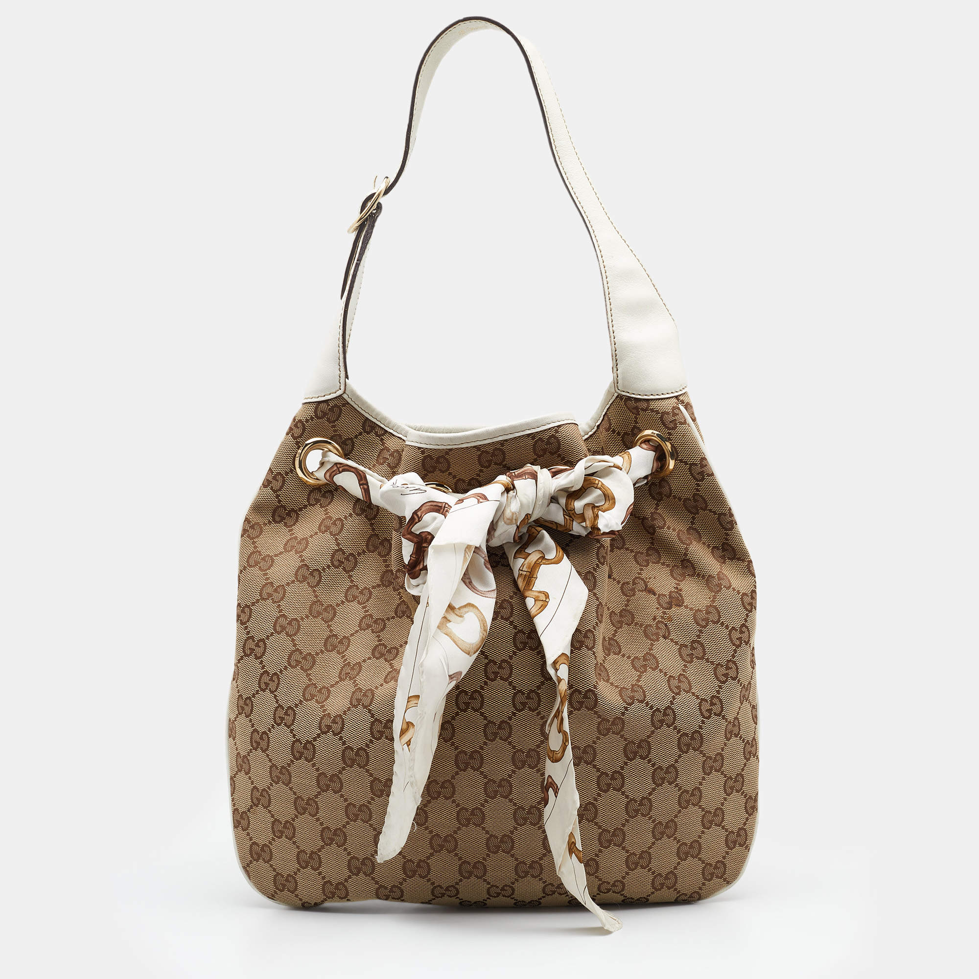 Pre Owned Gucci Beige/White GG Canvas and Leather Positano Scarf Hobo