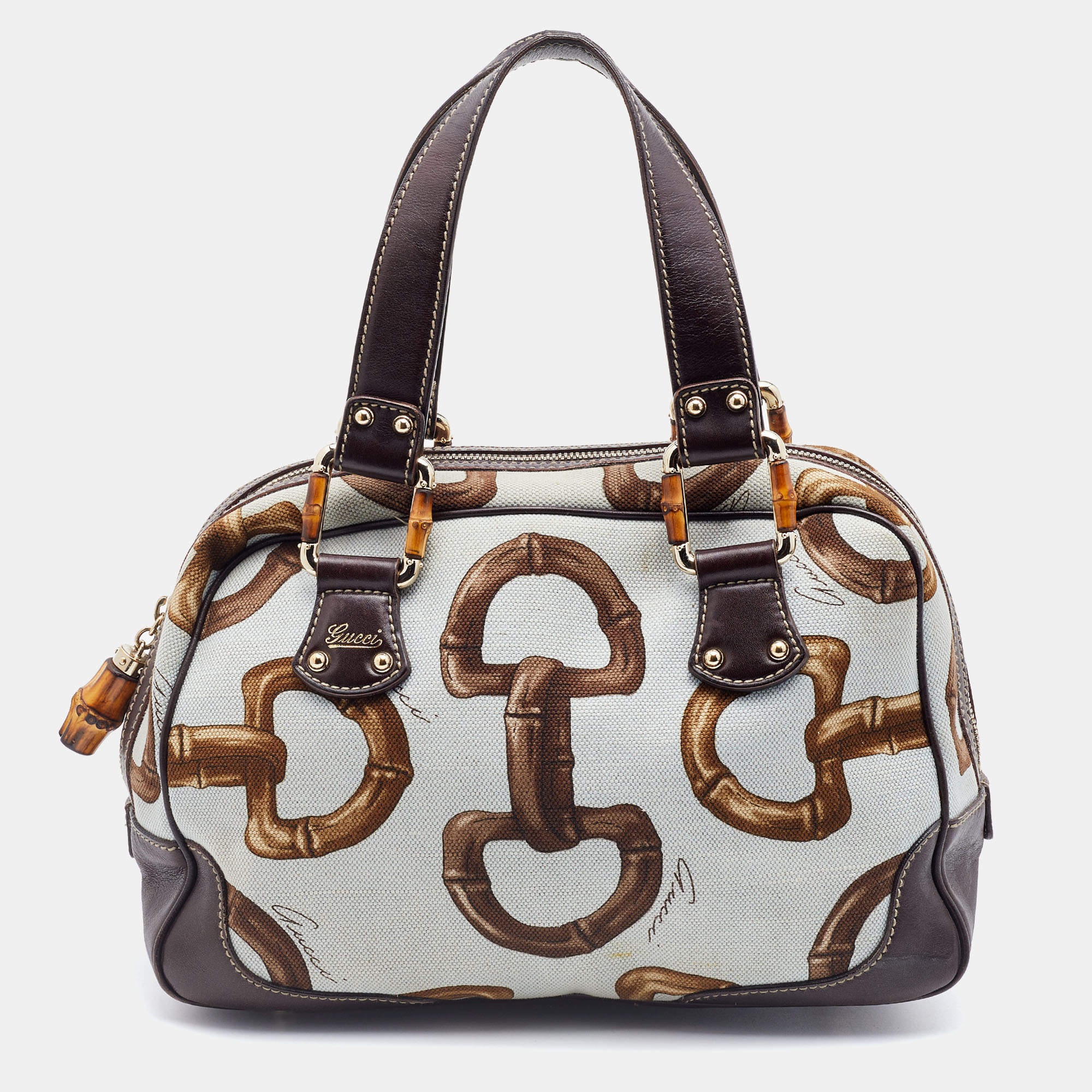 Pre Owned Gucci Multicolor Horsebit Print Canvas and Leather Bamboo Boston Bag