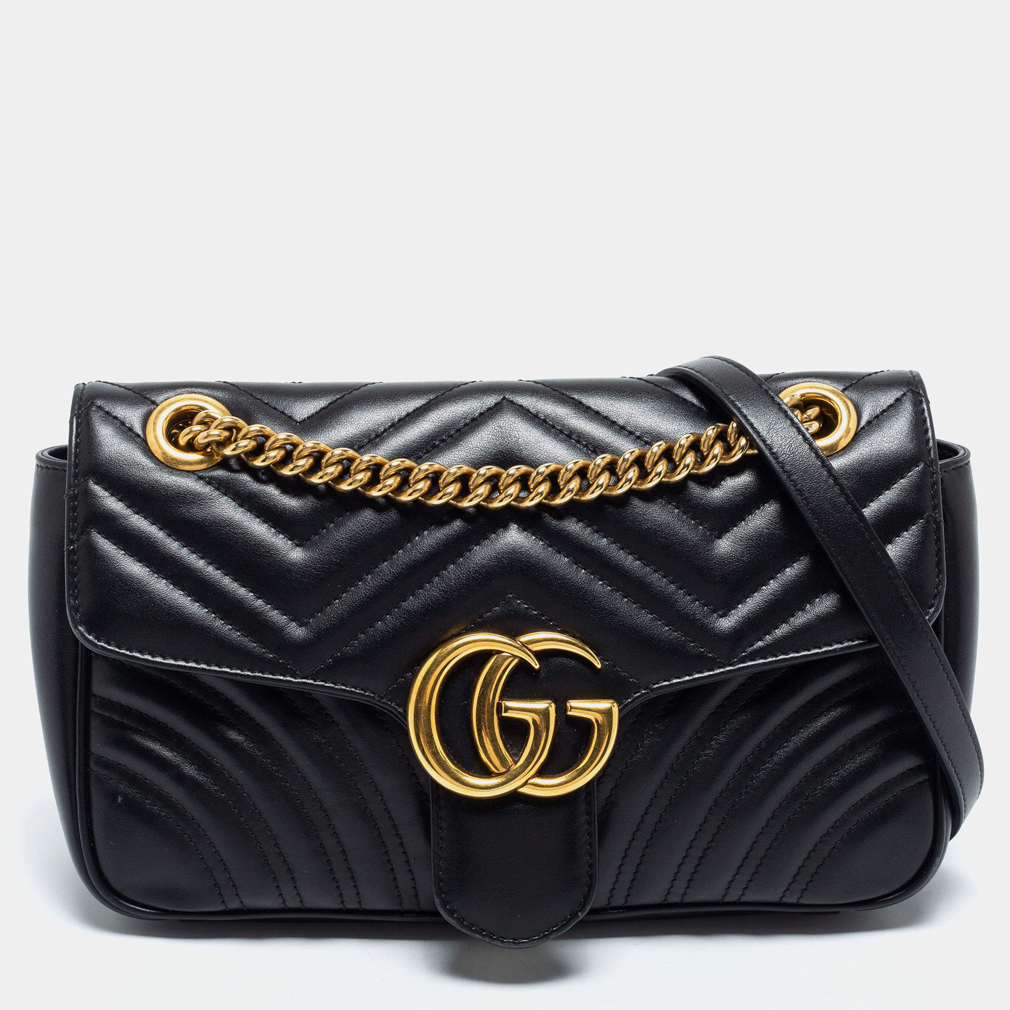 Pre Owned Gucci Black Matelassé Leather Small GG Marmont Shoulder Bag