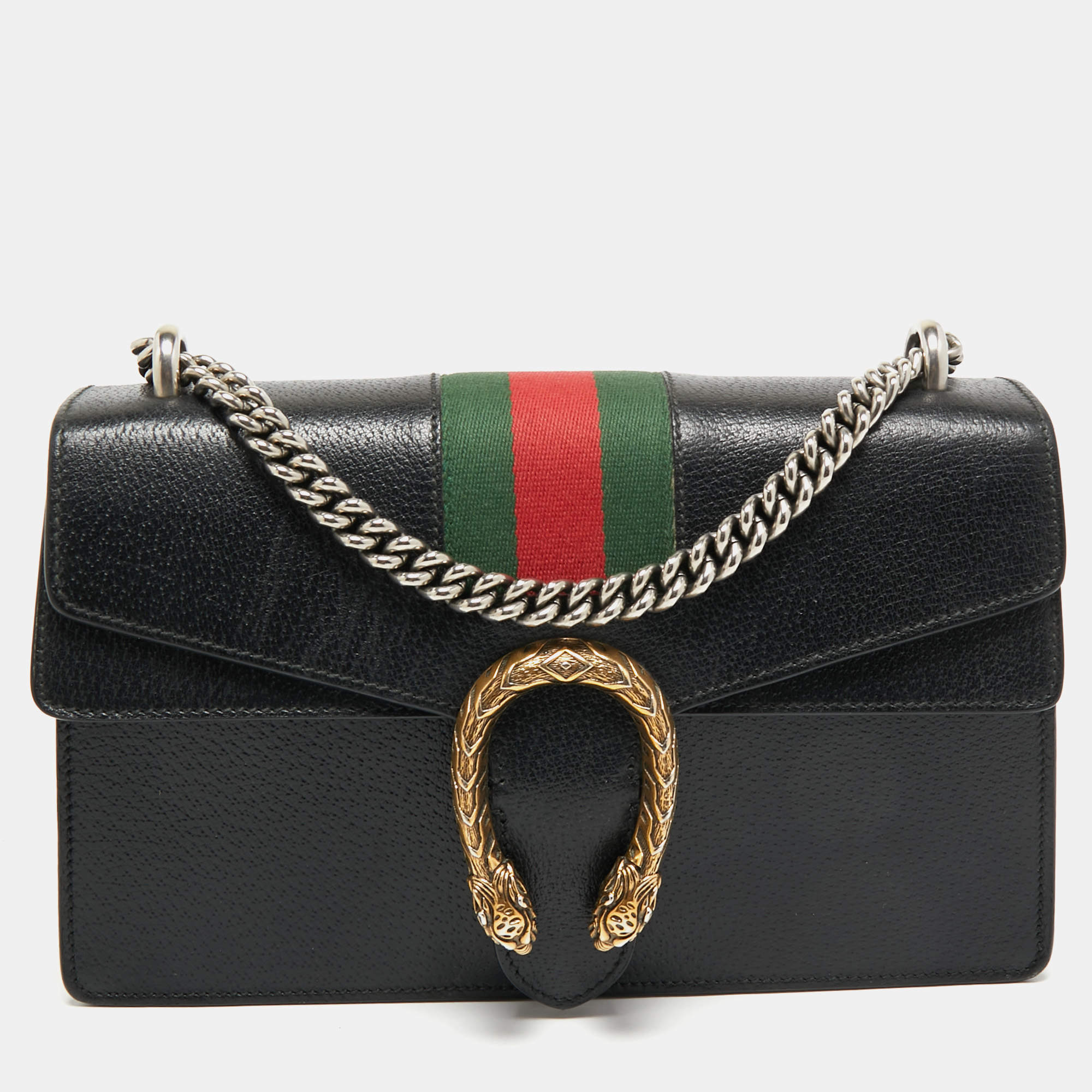 Pre Owned Gucci Black Leather Small Dionysus Web Shoulder Bag
