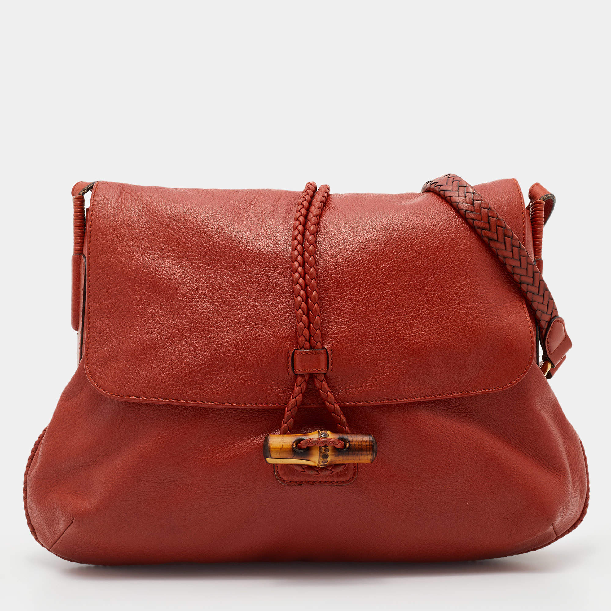 Pre Owned Gucci Orange Leather Braided Bamboo Flap Shoulder Bag