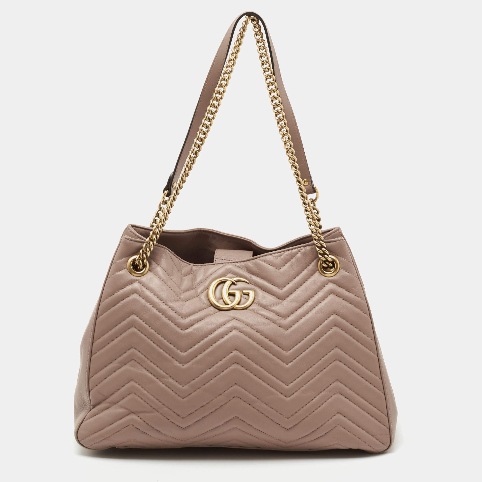 Pre Owned Gucci Dusty Pink Matelassé Leather Medium GG Marmont Chain Tote