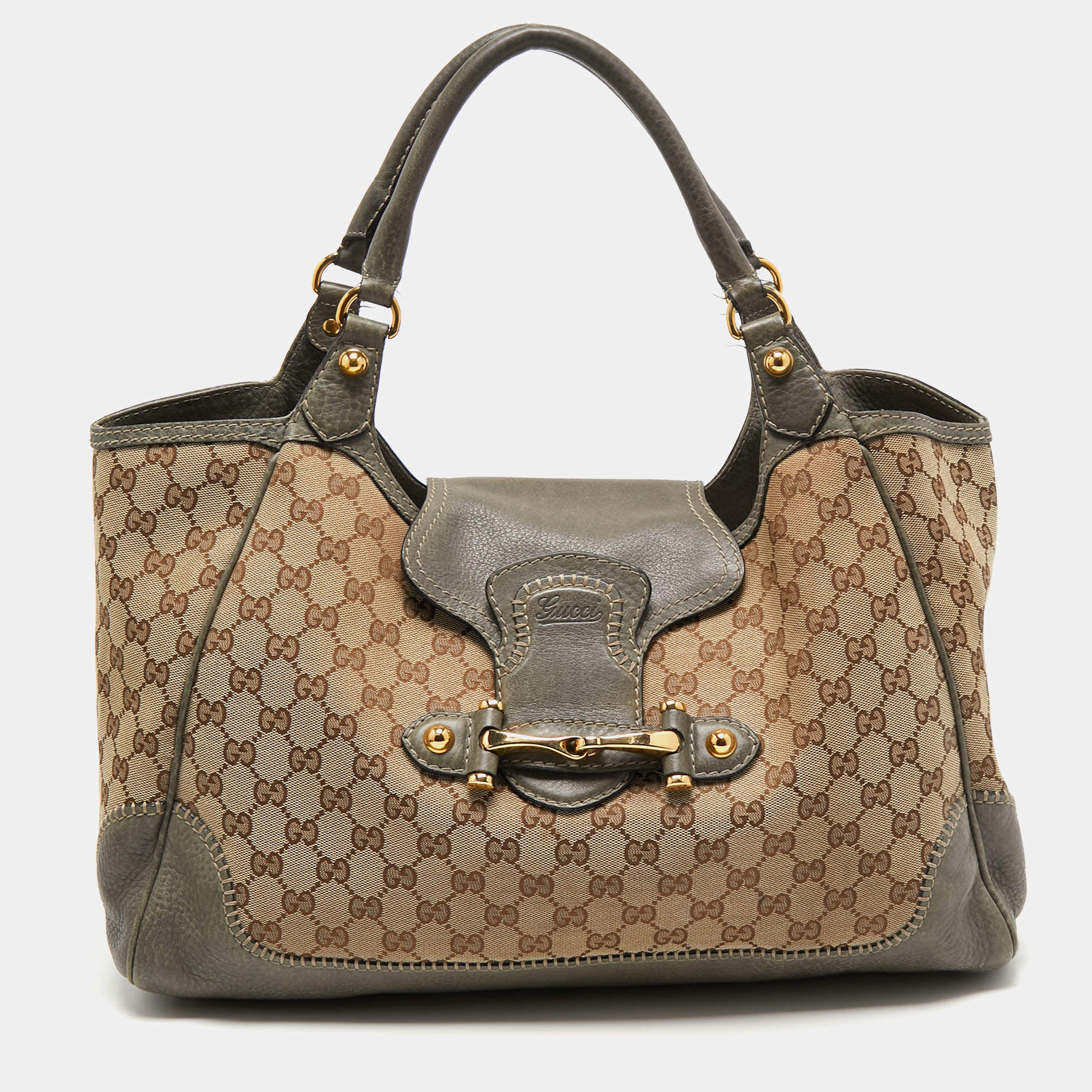 Pre Owned حقيبة كتف غوتشي نيو بيلهام جلد وكانفاس جي جي بني/بيج كبيرة