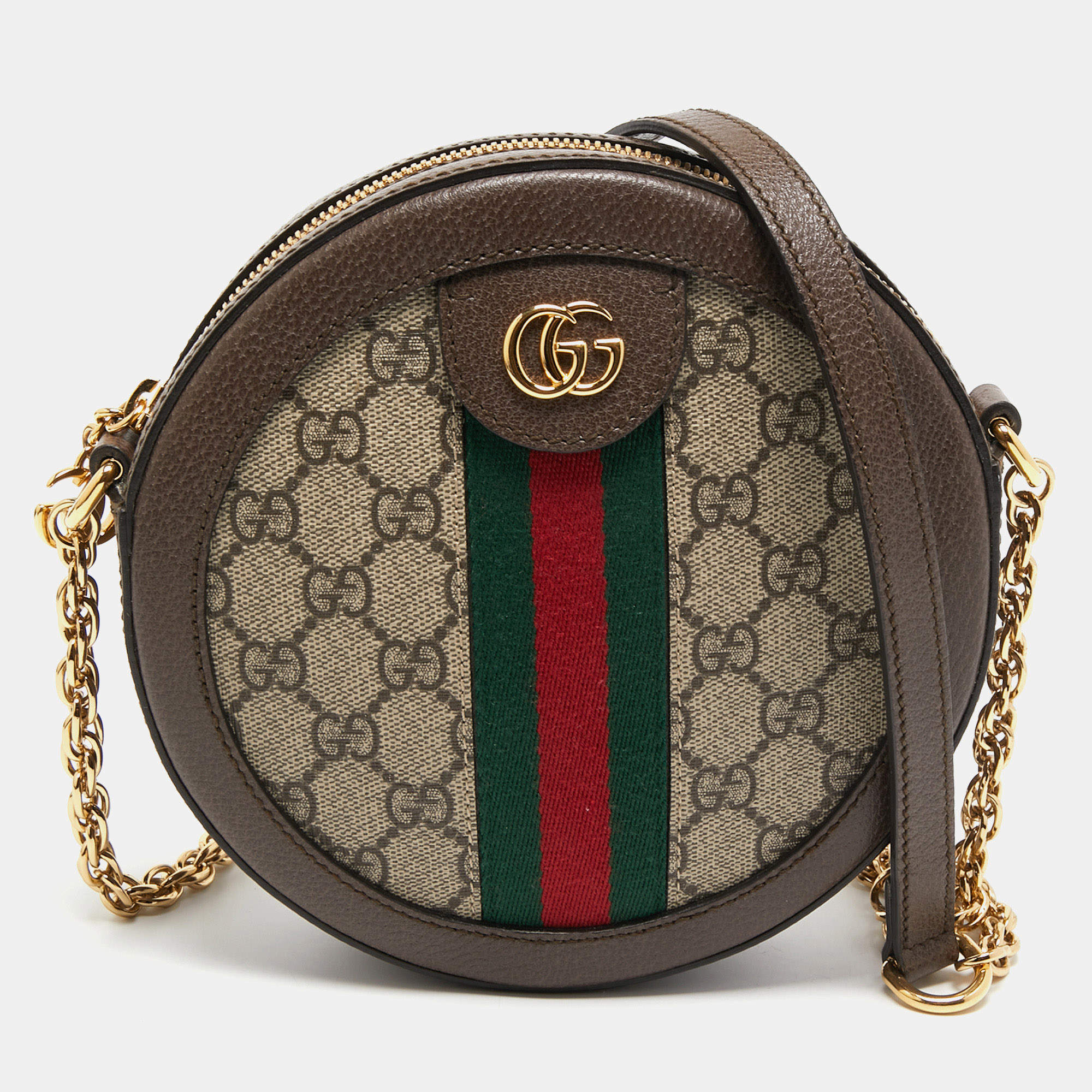 Gucci Brown GG Supreme Canvas and Leather Mini Ophidia Round Bag