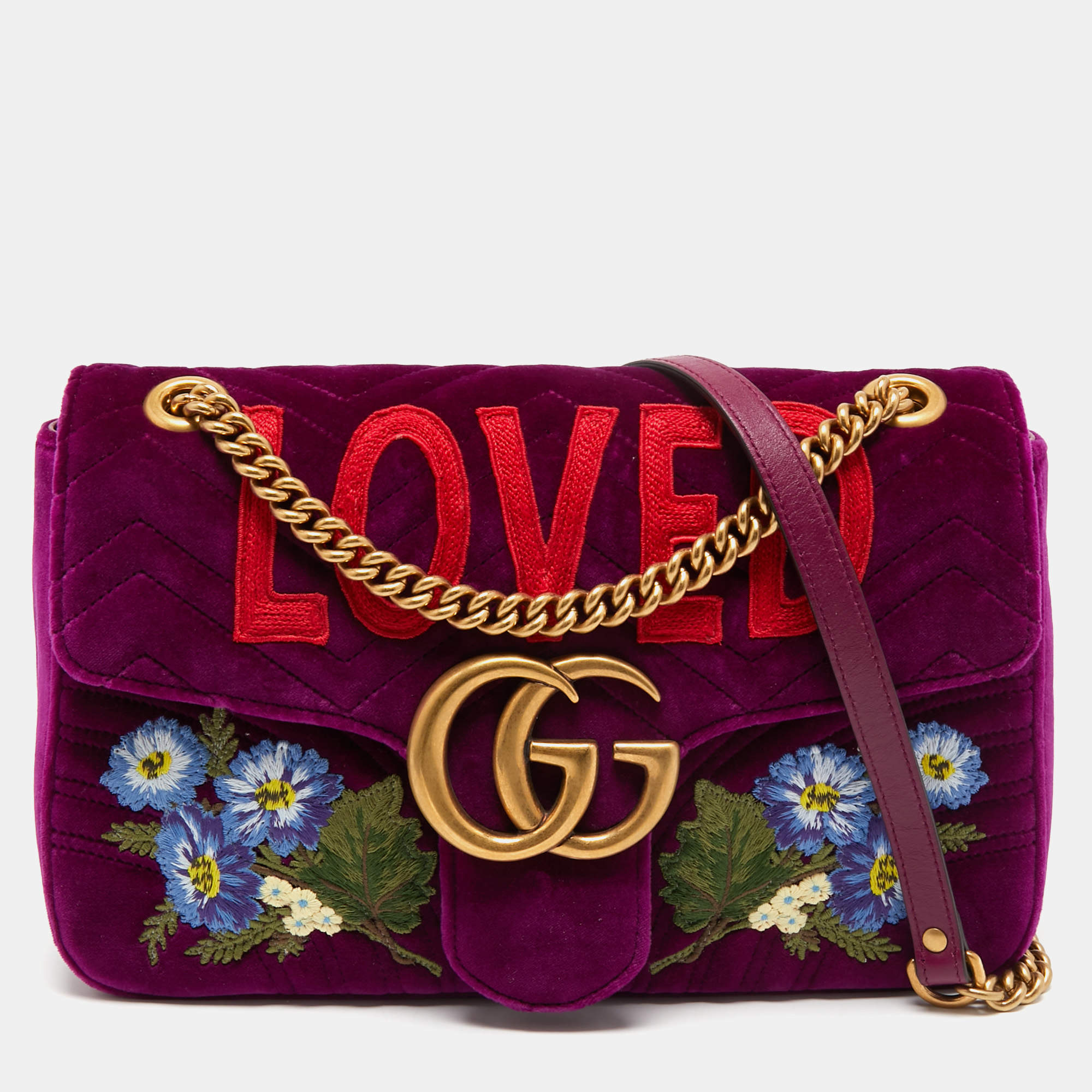 Pre Owned Gucci Purple Love Embroidered Matelassé Velvet Medium GG Marmont Shoulder Bag