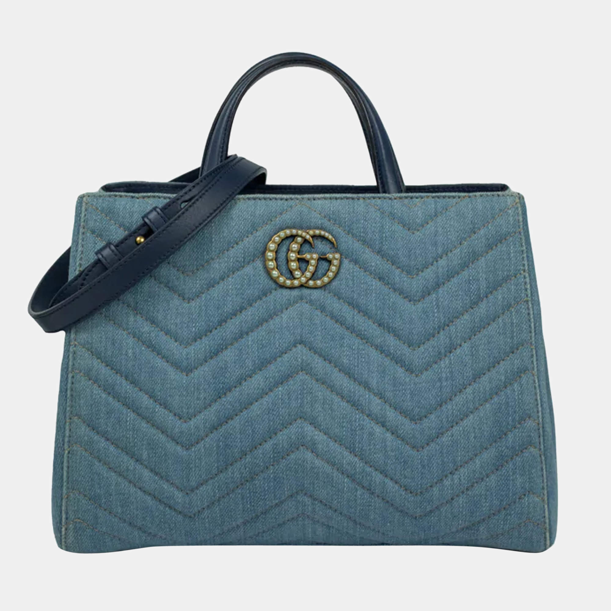 Gucci Blue Matelasse Denim Pearl Embellished GG Marmont Shoulder Bag -  Luxury Helsinki