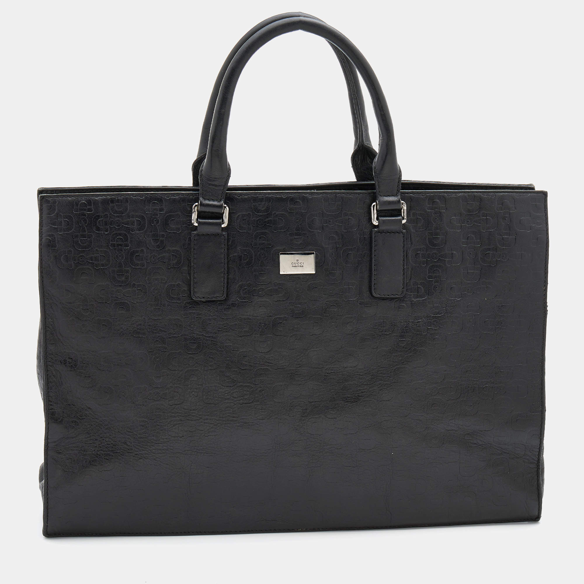 Pre Owned Gucci Black Horsebit Embossed Leather Large Tote