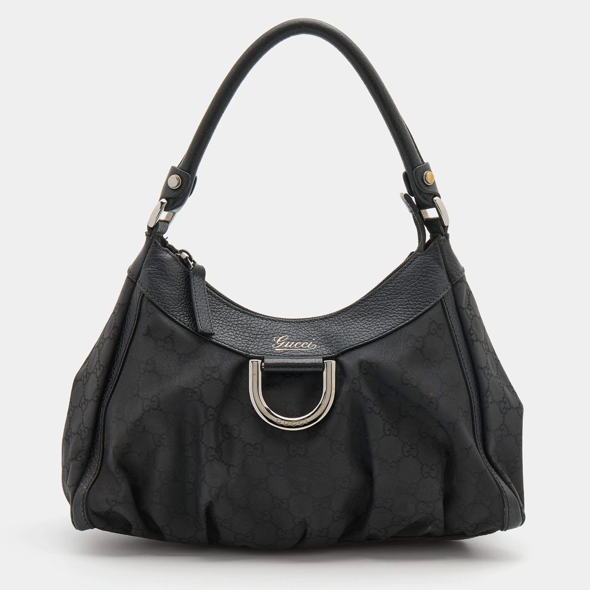 Gucci Black GG Nylon and Leather Medium Abbey D Ring Hobo