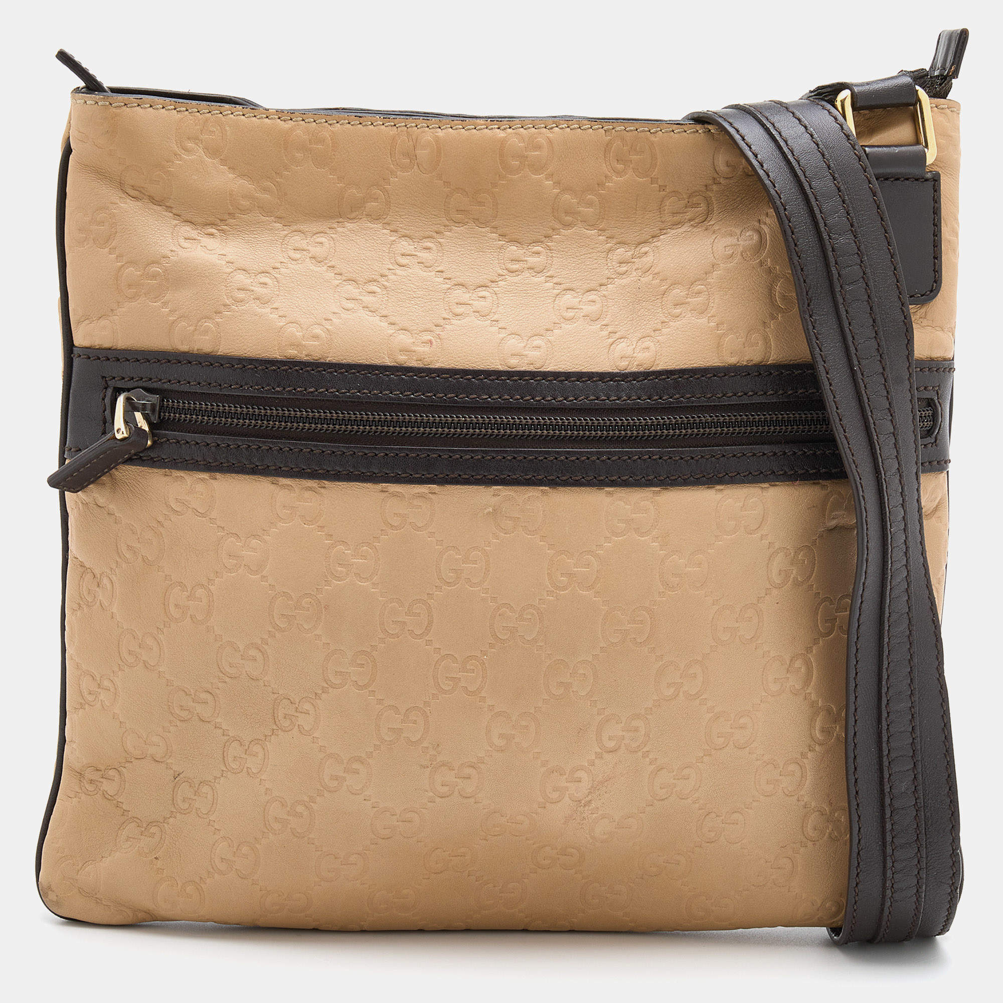 Pre Owned Gucci Beige/Brown Guccissima Leather Medium Flat Messenger Bag
