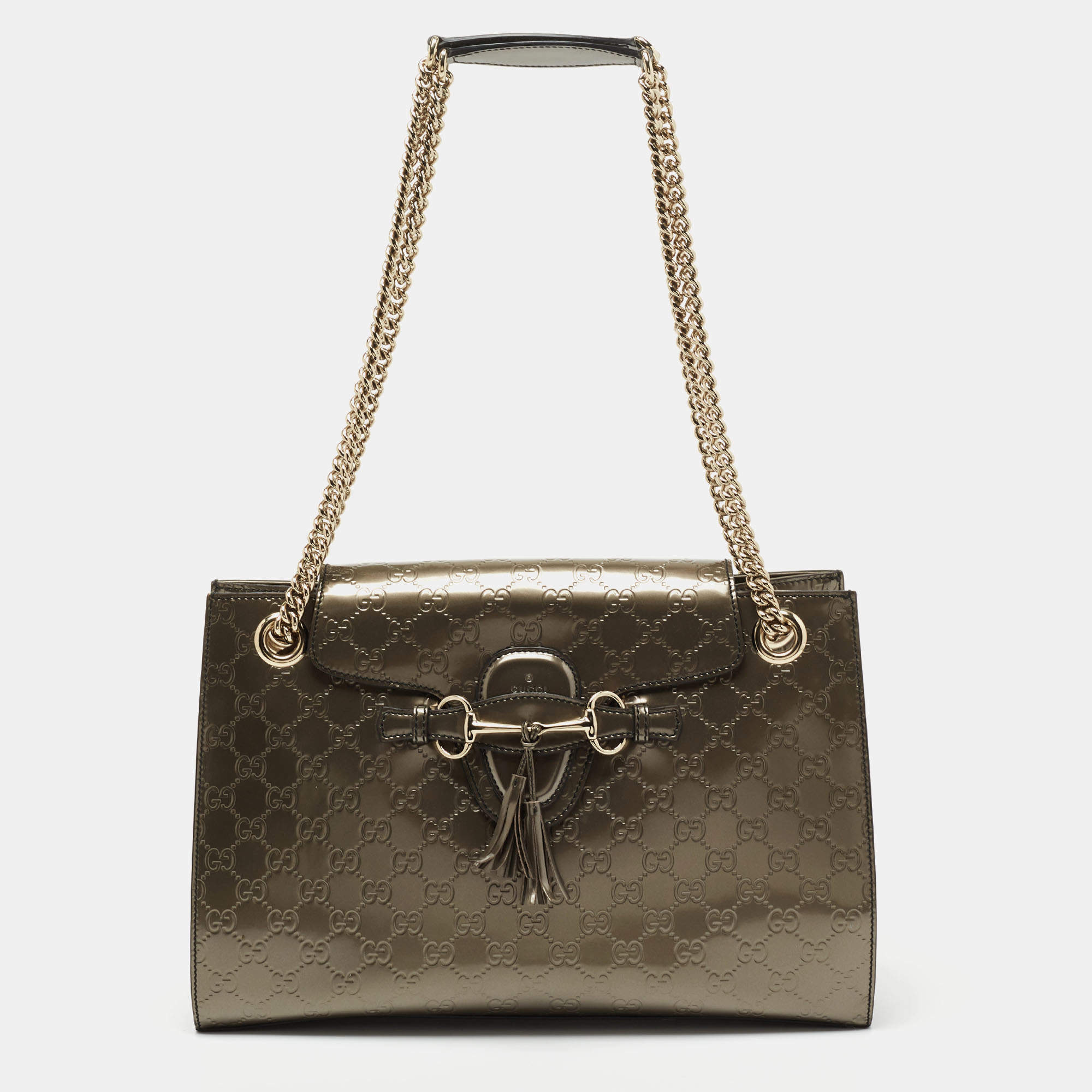 Pre Owned Gucci Dark Grey Guccissima Patent Leather Large Emily Chain Shoulder Bag