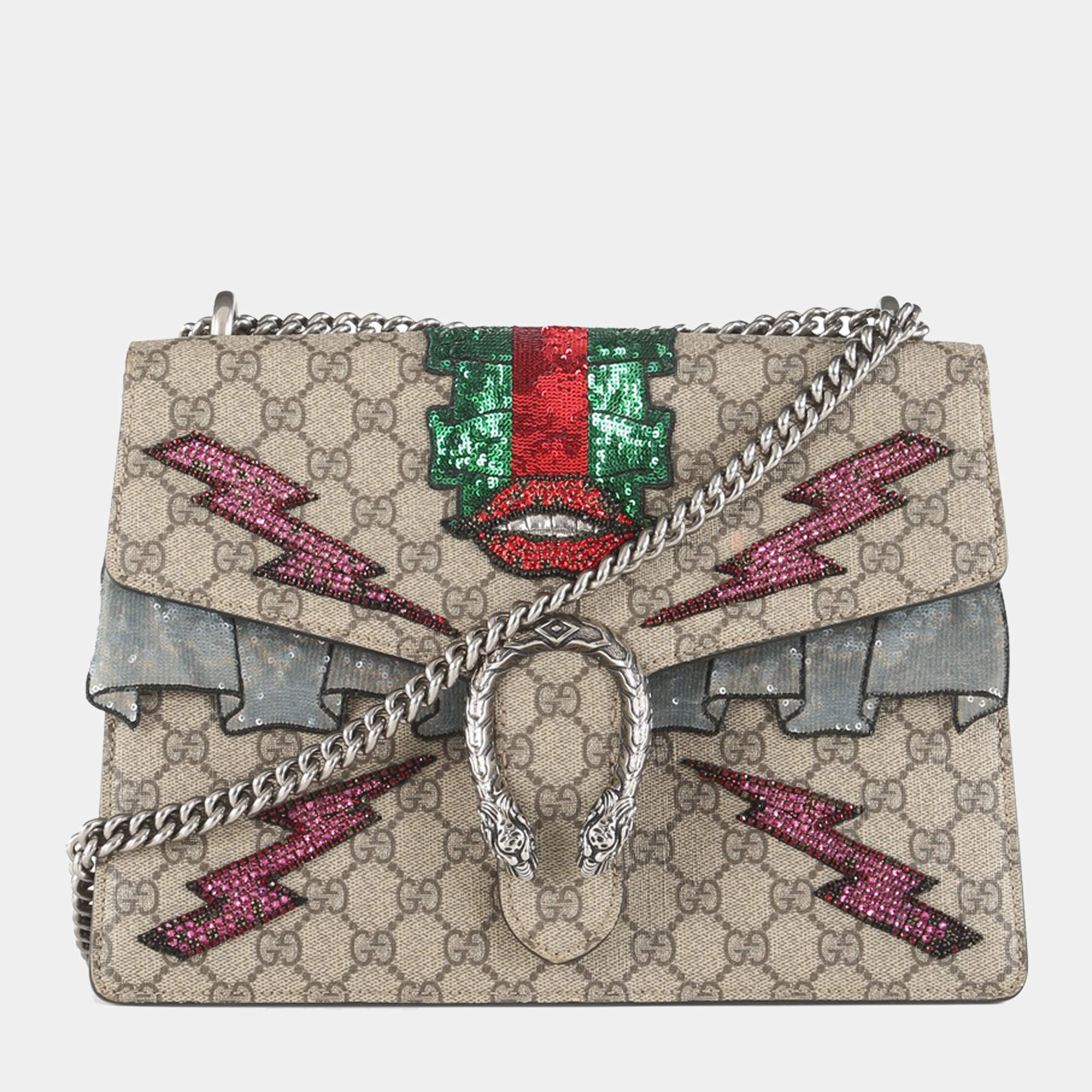 GUCCI Dionysus Medium GG Supreme Embroidered Shoulder Bag 400235 Beige