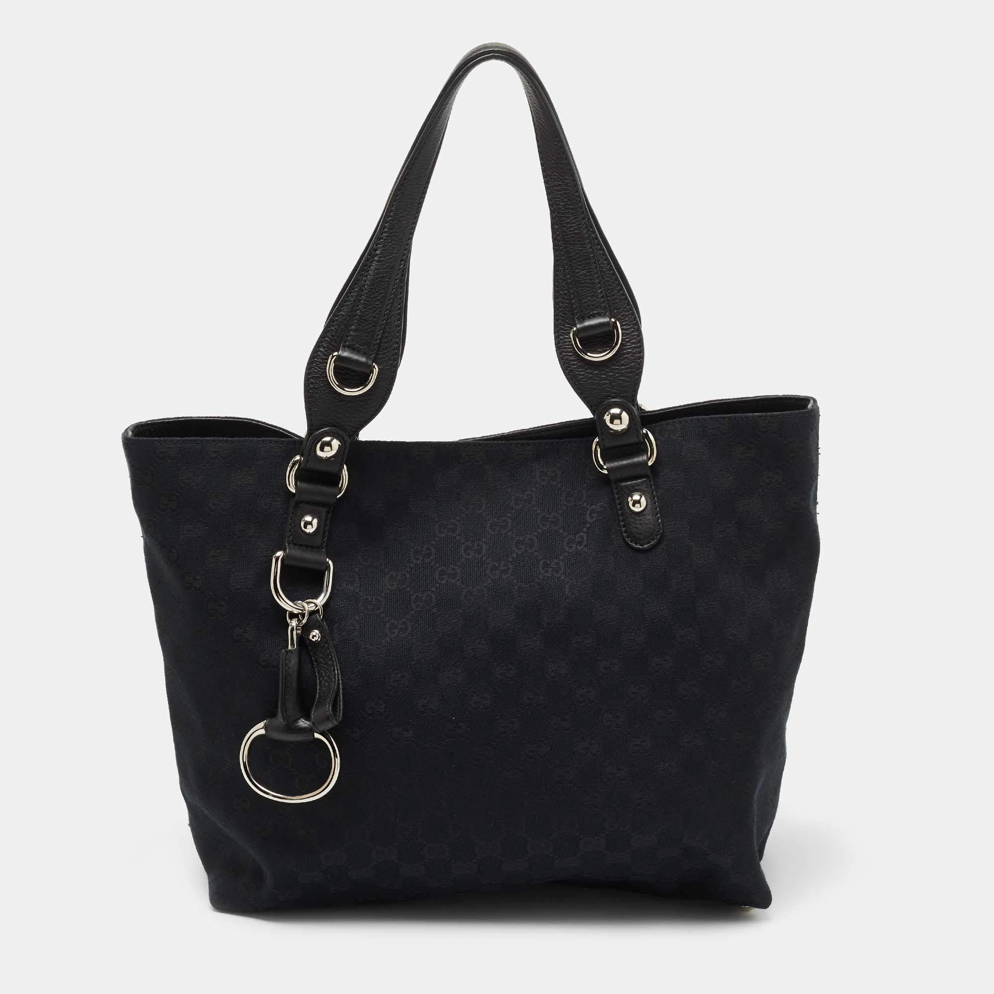 مملوكة مسبقًا Gucci Black GG Denim and Leather Icon Bit Tote