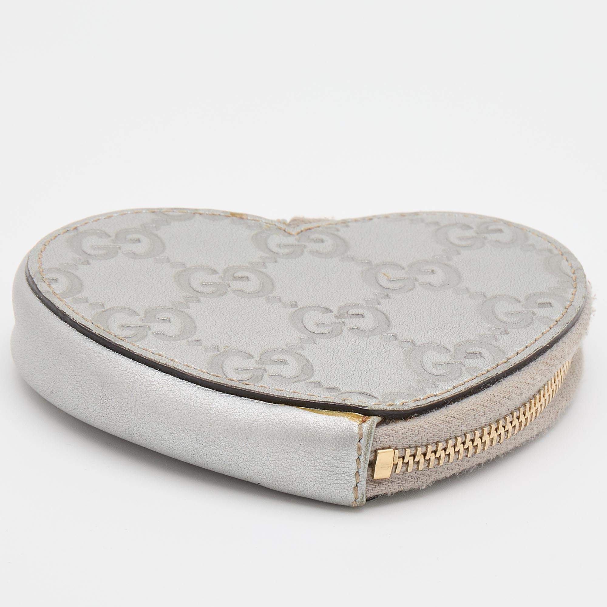 Gucci Silver Guccissima Leather Heart Shape Coin Purse