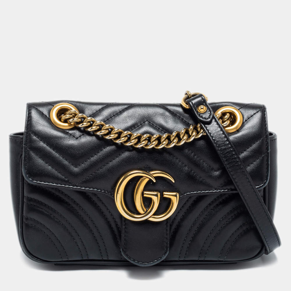 Gucci Black Matelassé Leather GG Marmont Super Small Shoulder Bag