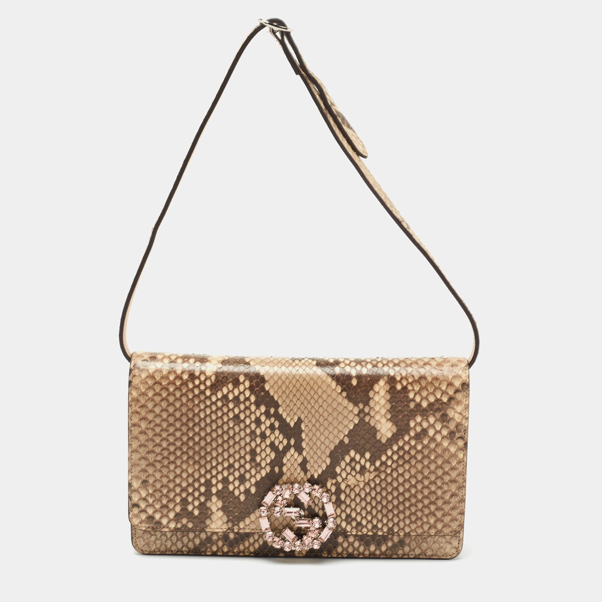 Pre Owned Gucci Beige Python Crystal Embellished Interlocking G Broadway Clutch