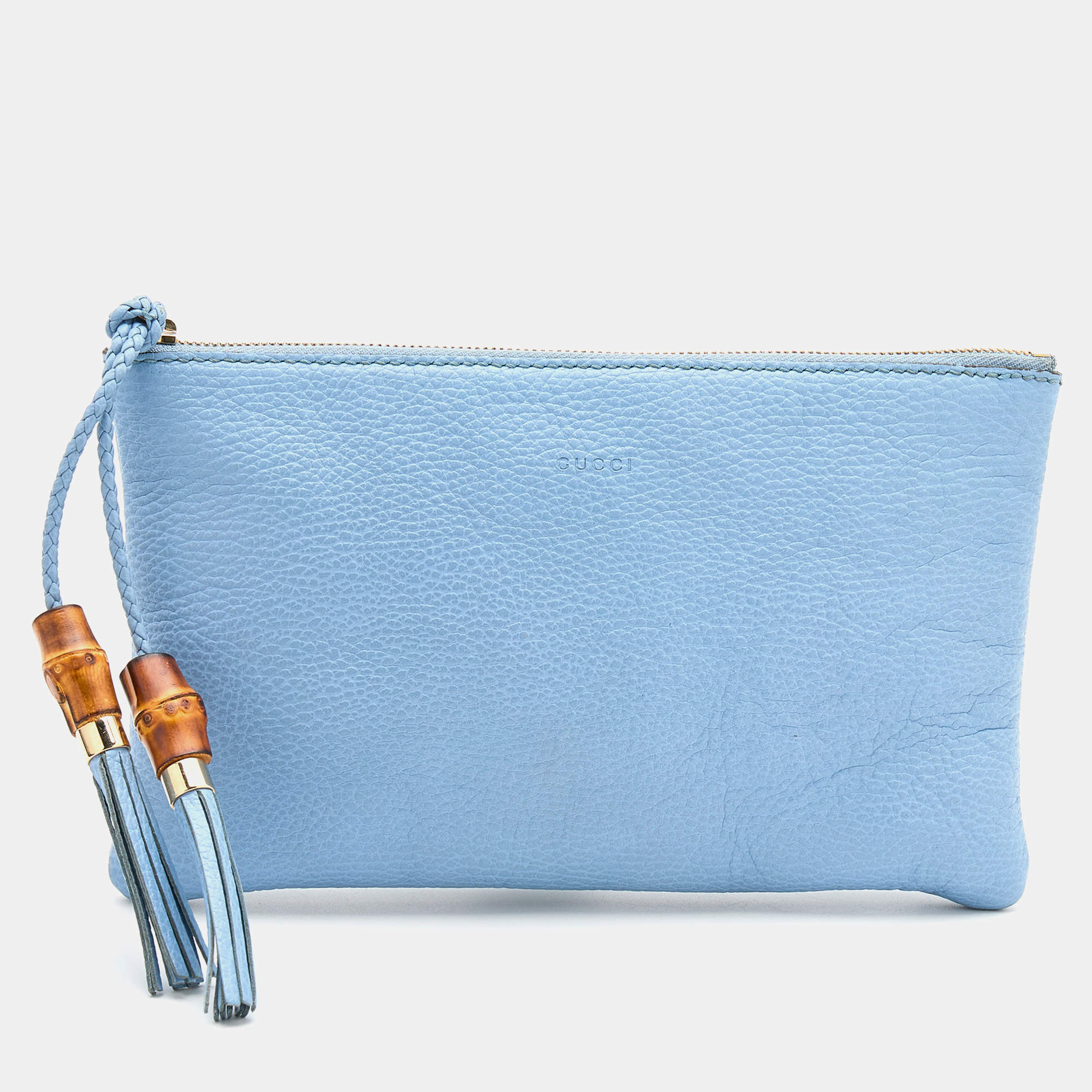 Pre Owned Gucci Light Blue Leather Bamboo Tassel Clutch