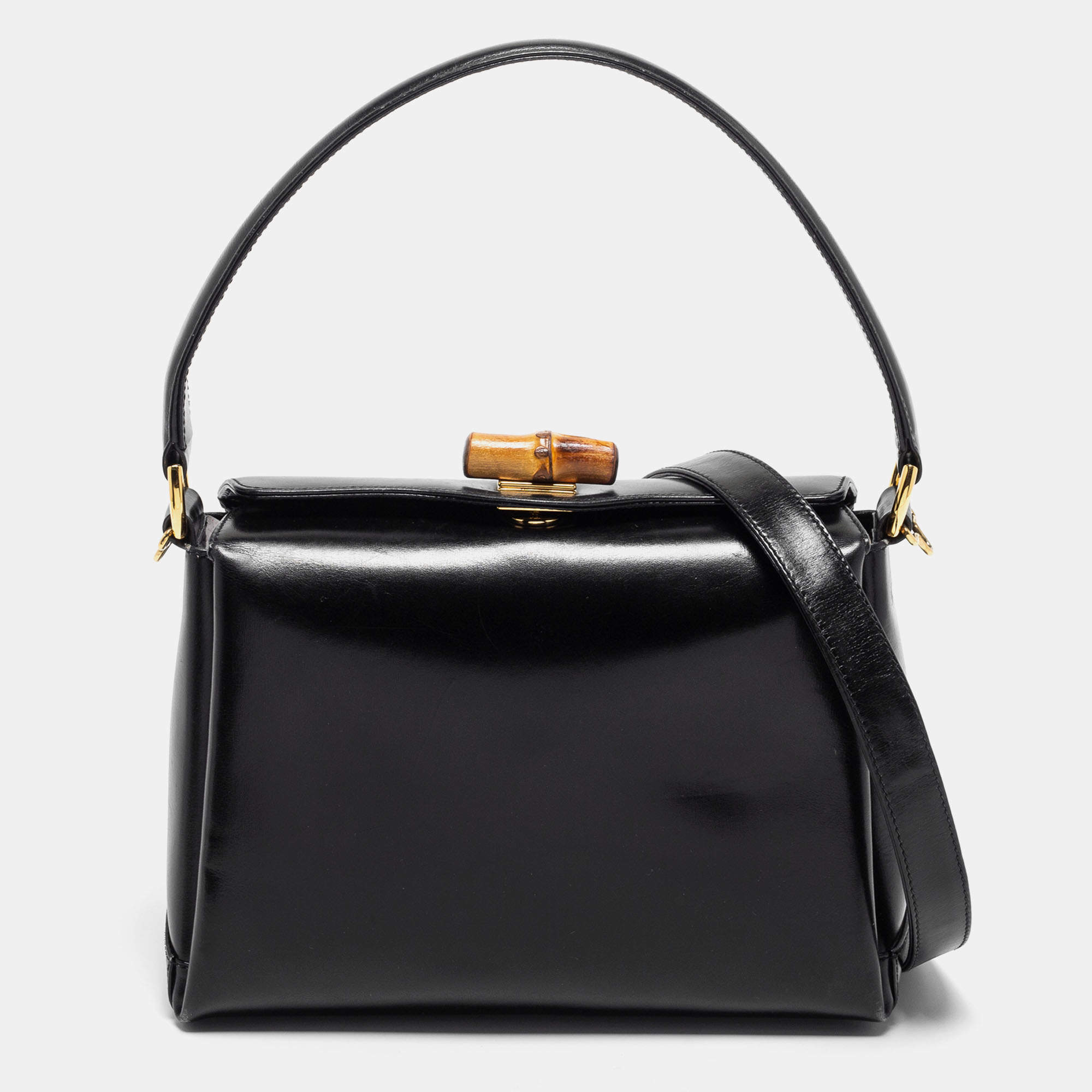 Pre Owned Gucci Black Leather Bamboo Top Handle Bag