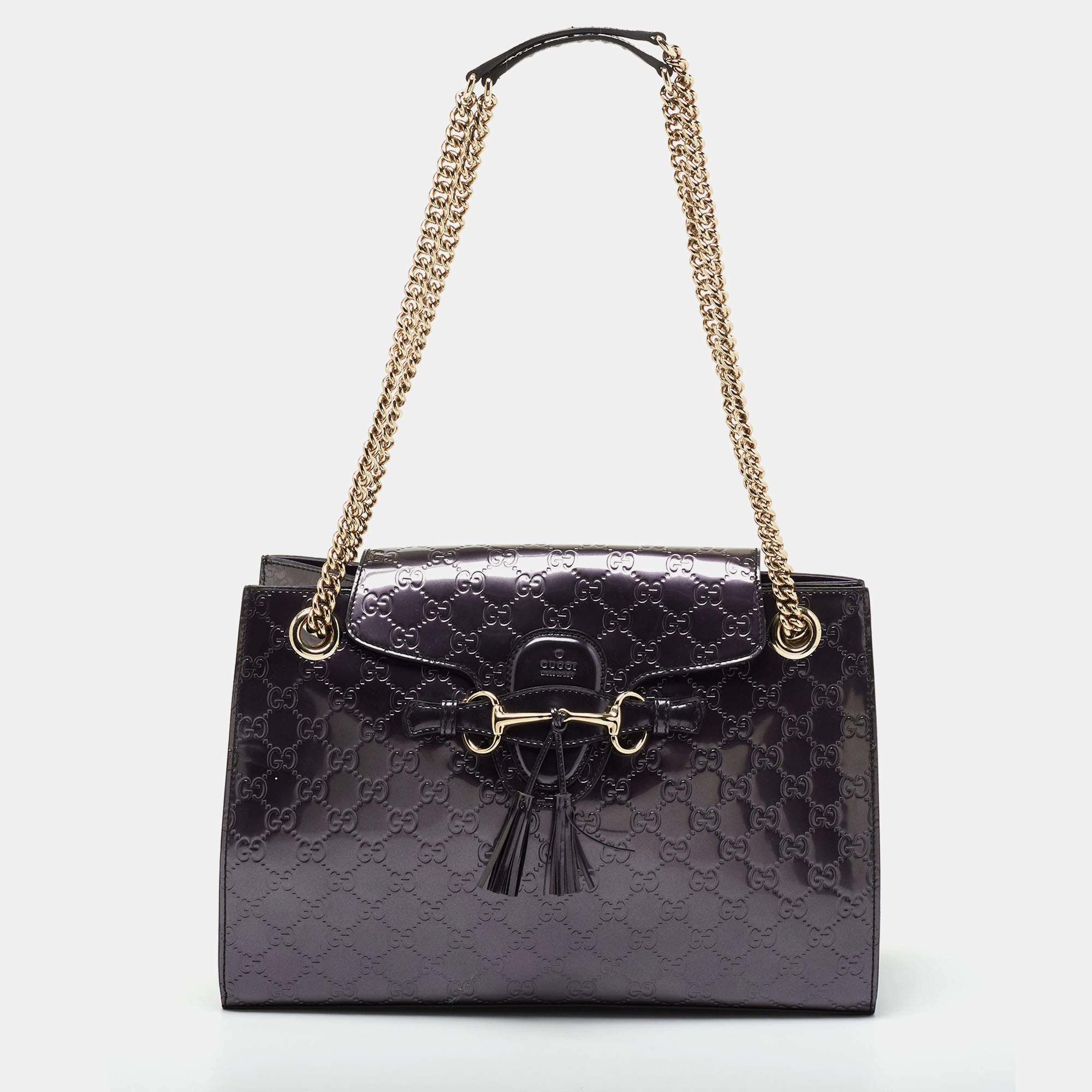 Pre Owned Gucci Metallic Purple Guccissima Patent Leather Large Emily Chain Shoulder Bag