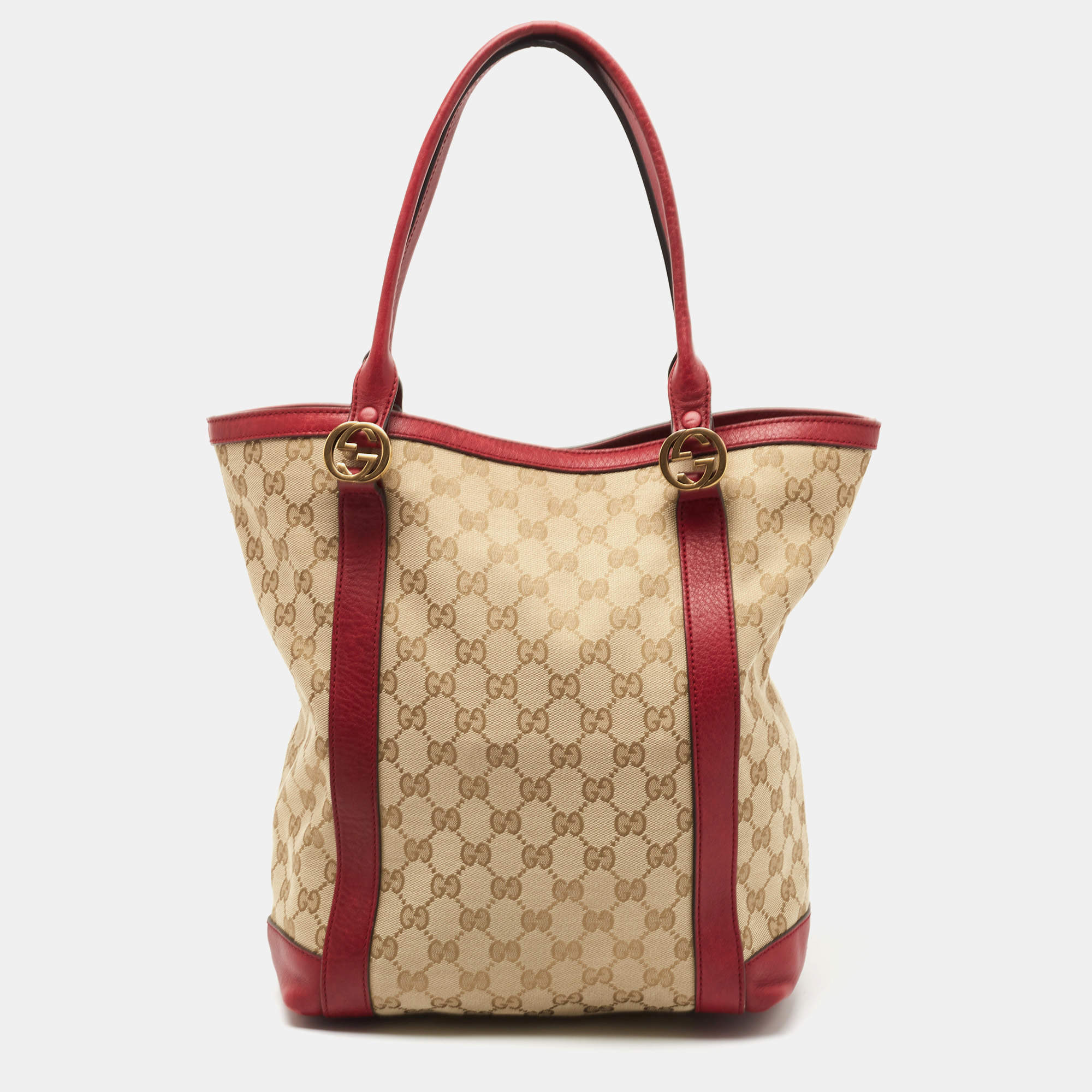 Pre Owned Gucci Beige/Red GG Canvas and Leather GG Interlocking Shopper Tote
