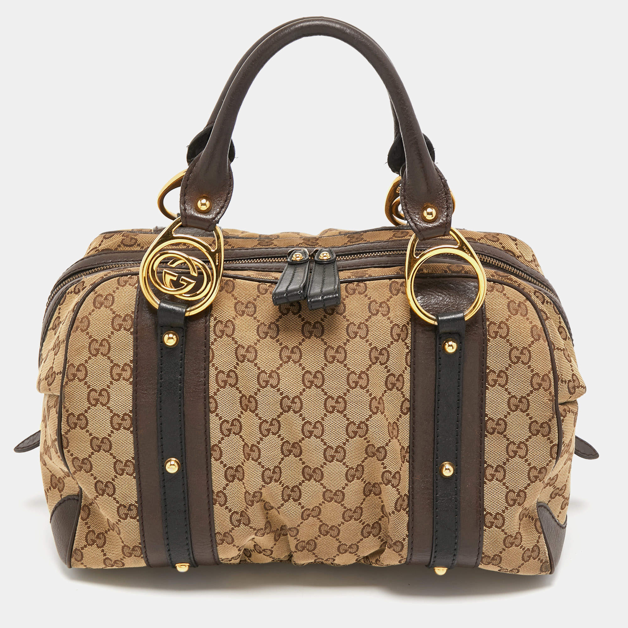 Pre Owned Gucci Beige/Brown Canvas and Leather Interlocking Boston Bag