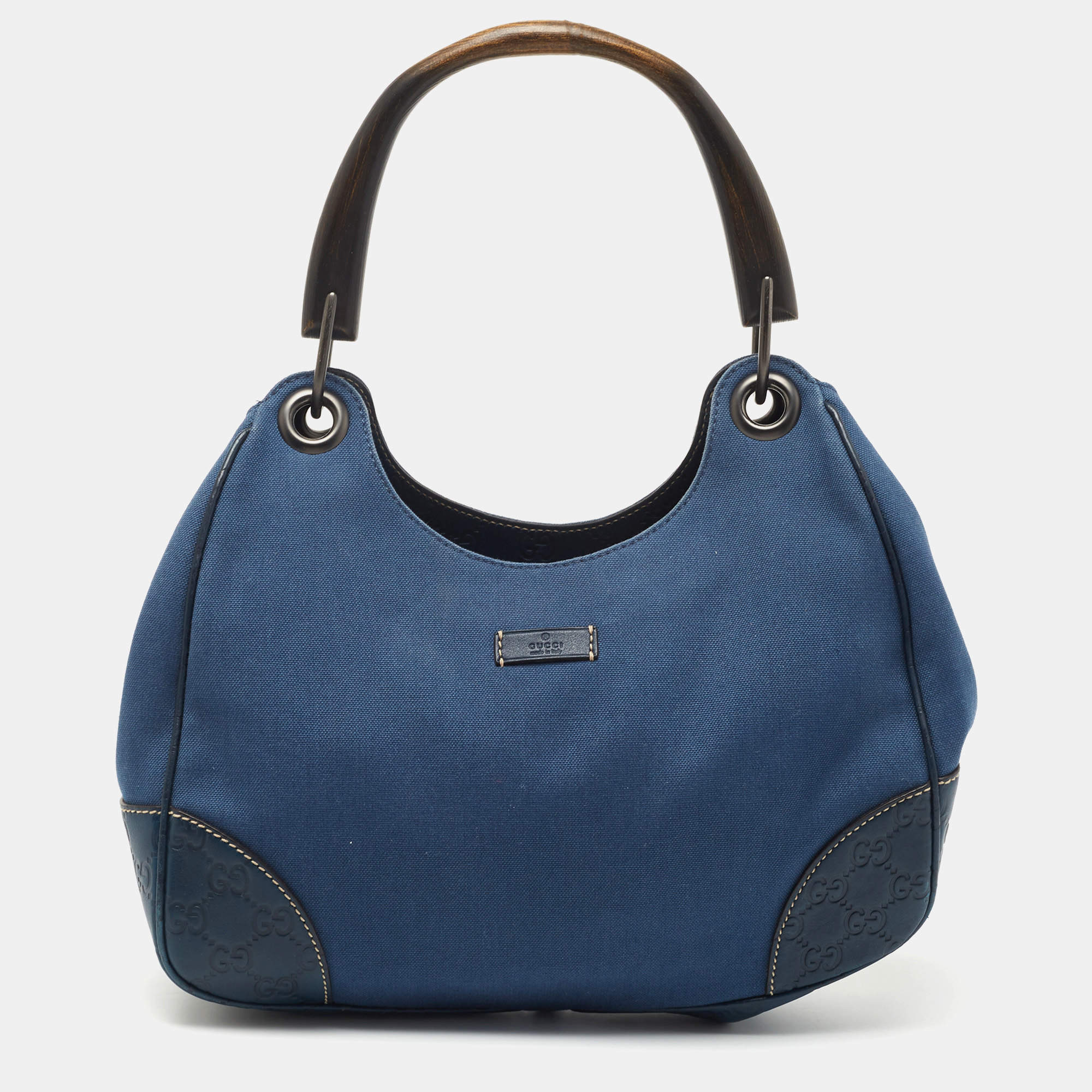 Pre Owned Gucci Blue Guccissima Leather and Canvas Hobo