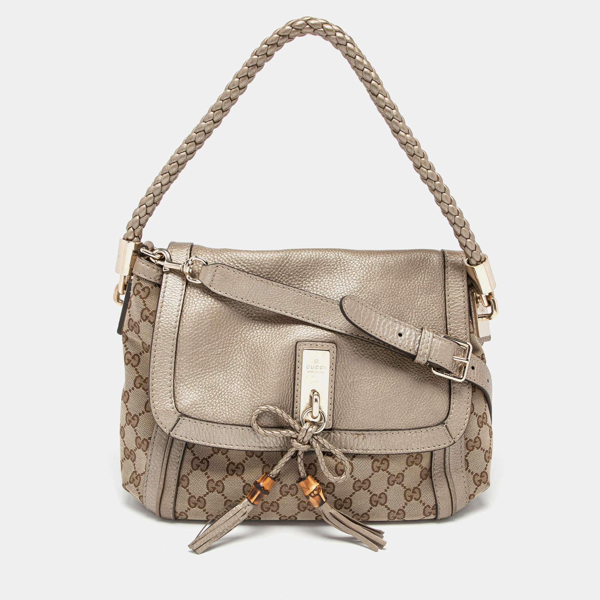 Pre Owned Gucci Beige/Gold GG Canvas and Leather Bella Flap Bag