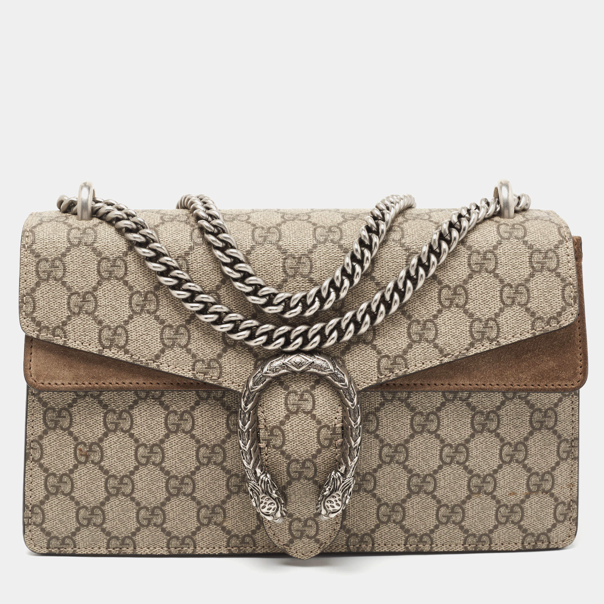 Pre Owned Gucci Beige GG Supreme Canvas and Suede Small Dionysus Shoulder Bag