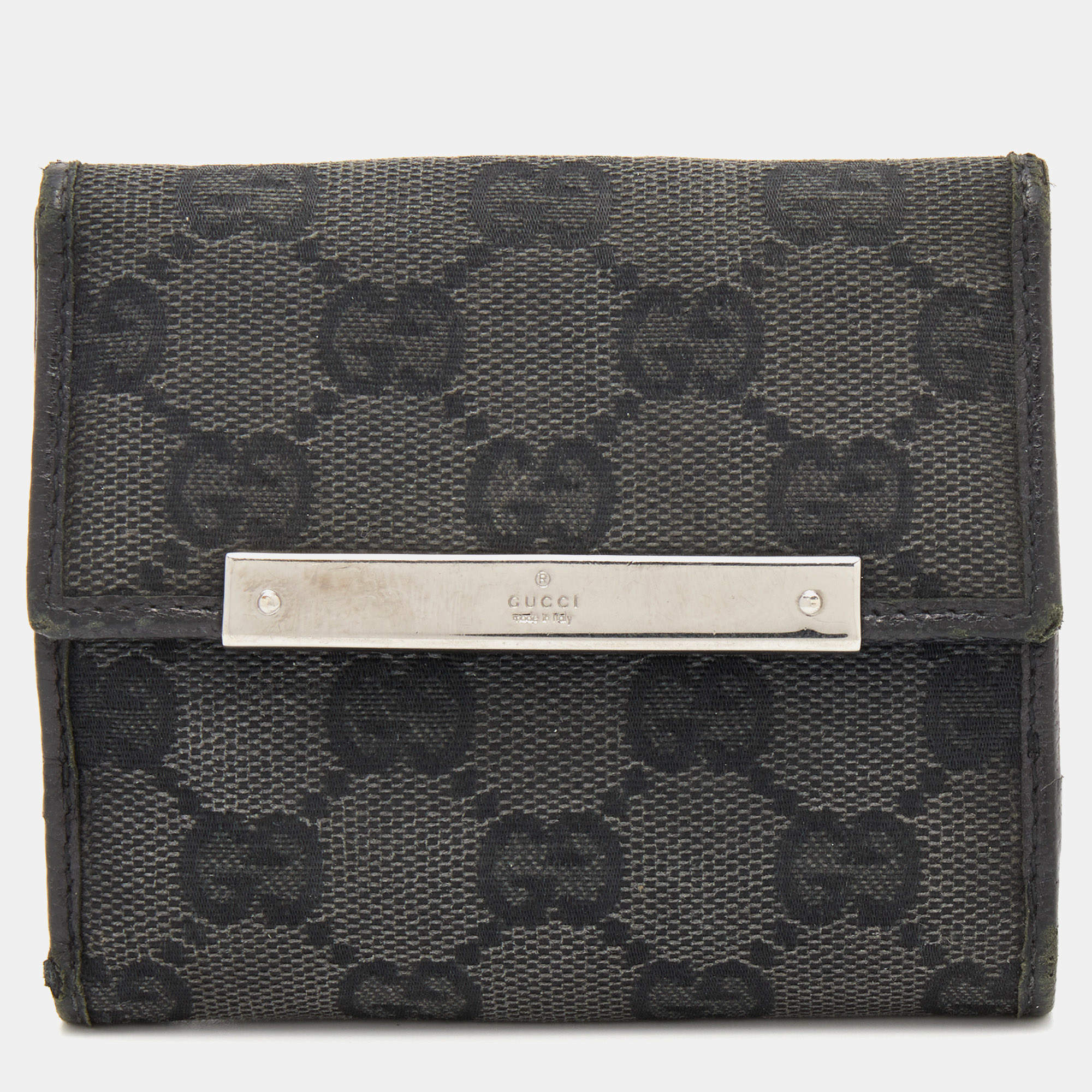 Gucci Black GG Canvas and Leather Flap Compact Wallet