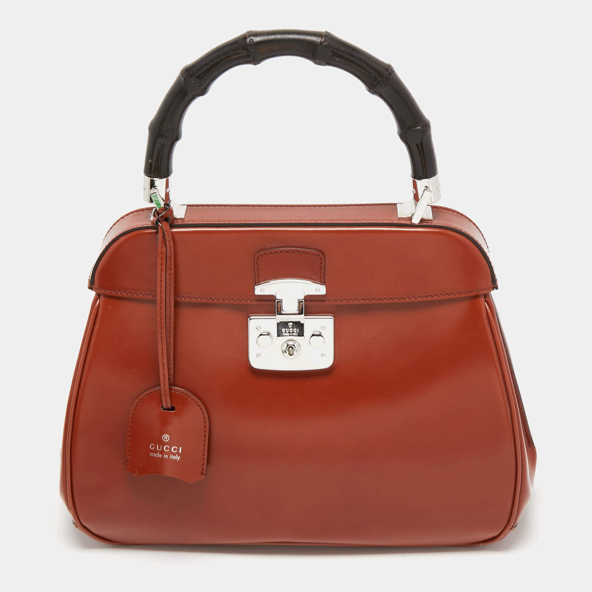 Pre Owned Gucci Brown Glossy Leather Medium Lady Lock Top Handle Bag