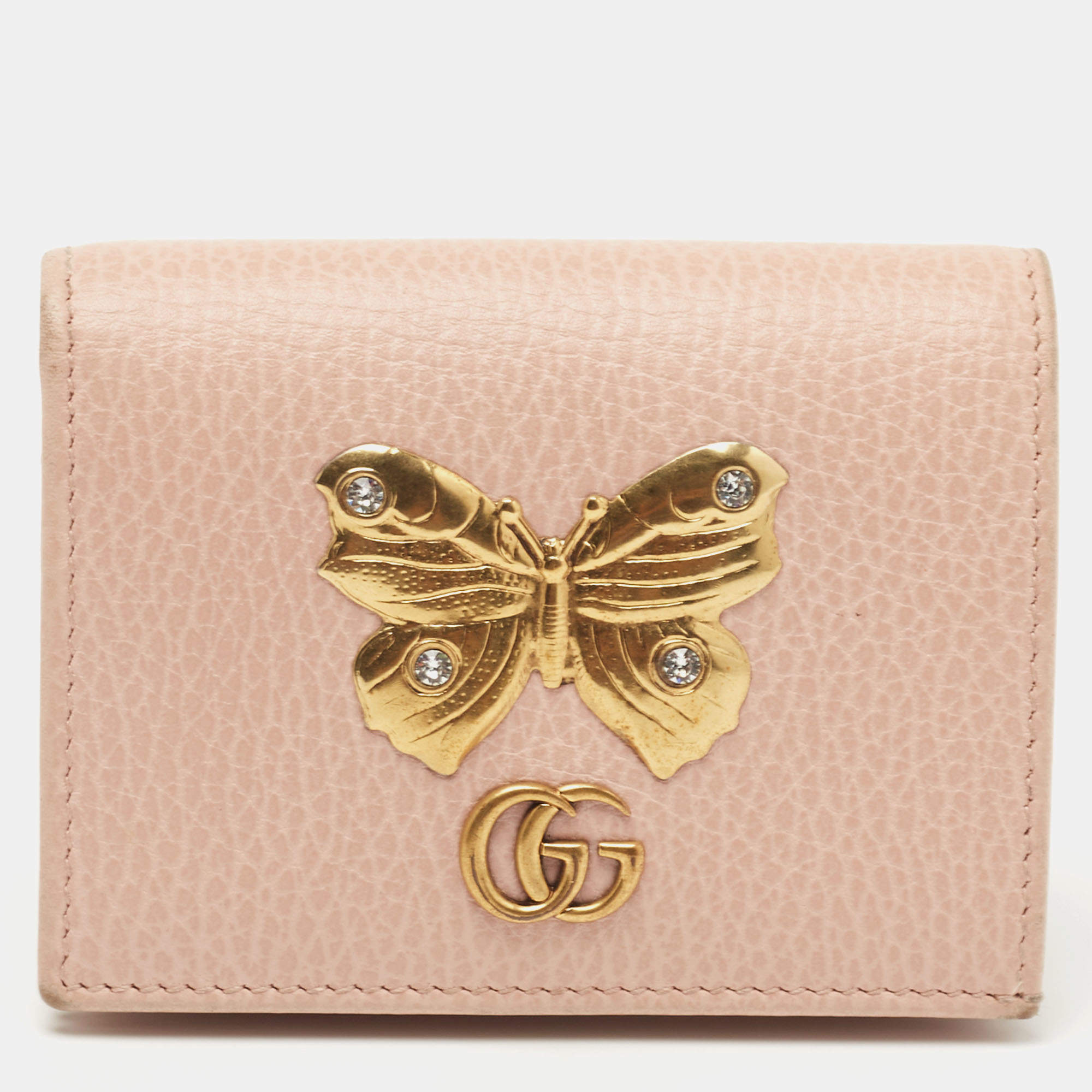 Gucci Light Pink Leather Butterfly Embellished Flap Card Case Gucci ...