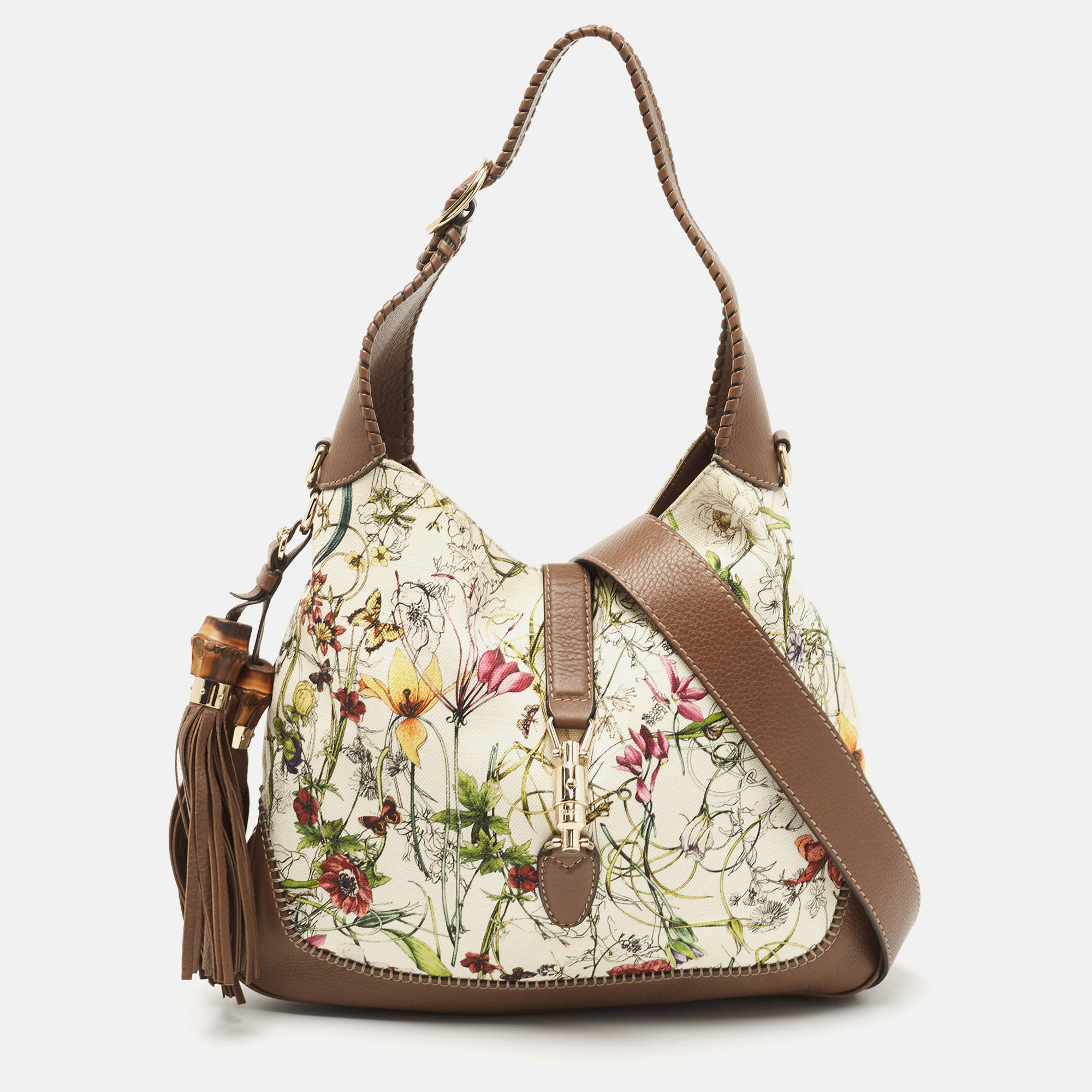 Pre Owned Gucci Multicolor Floral Print Canvas and Leather Medium New Jackie Hobo