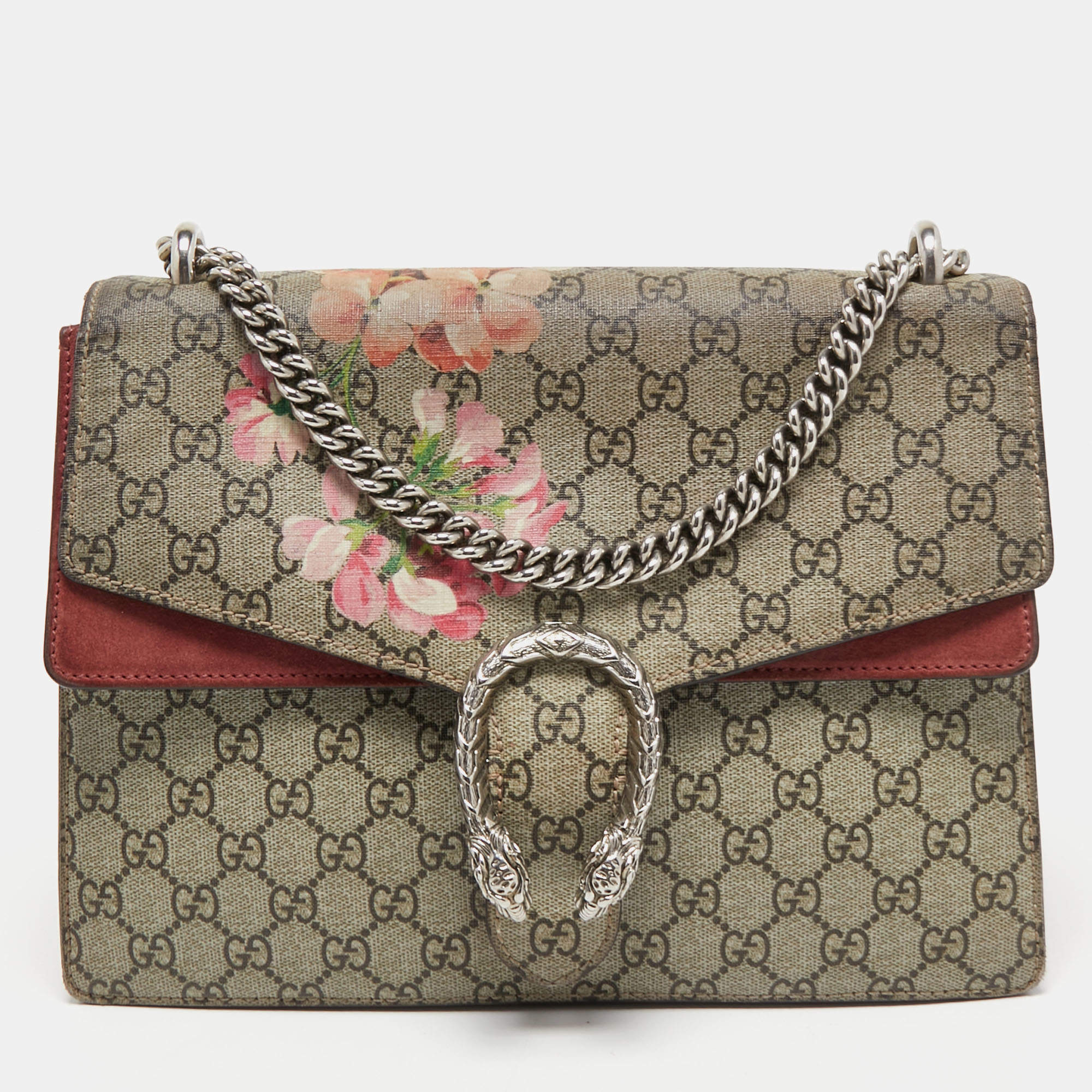 Pre Owned Gucci Beige/Maroon GG Supreme Blooms Print Canvas and Suede Medium Dionysus Shoulder Bag