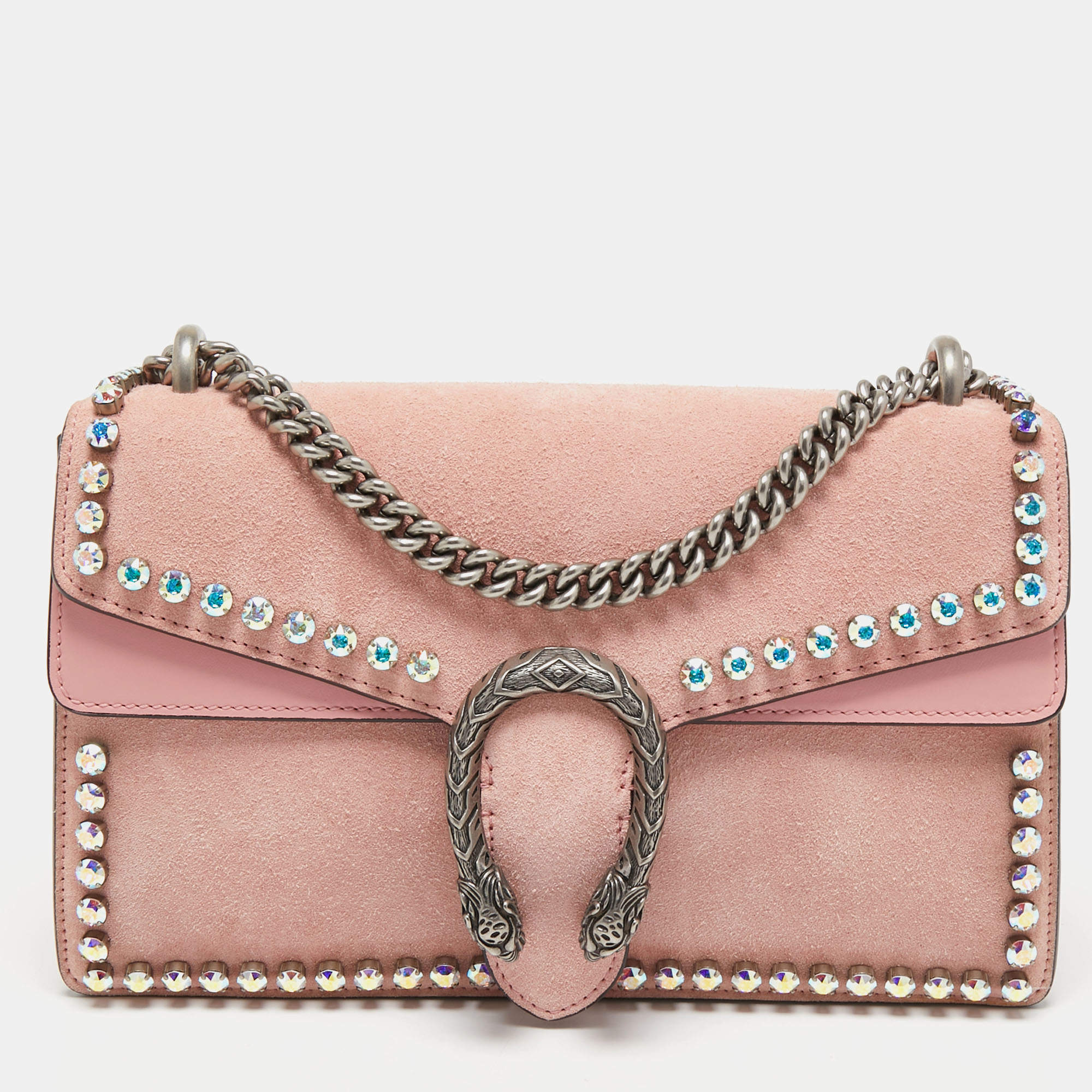 Pre Owned Gucci Pink Suede and Leather Small Dionysus Crystal Embellished Shoulder Bag