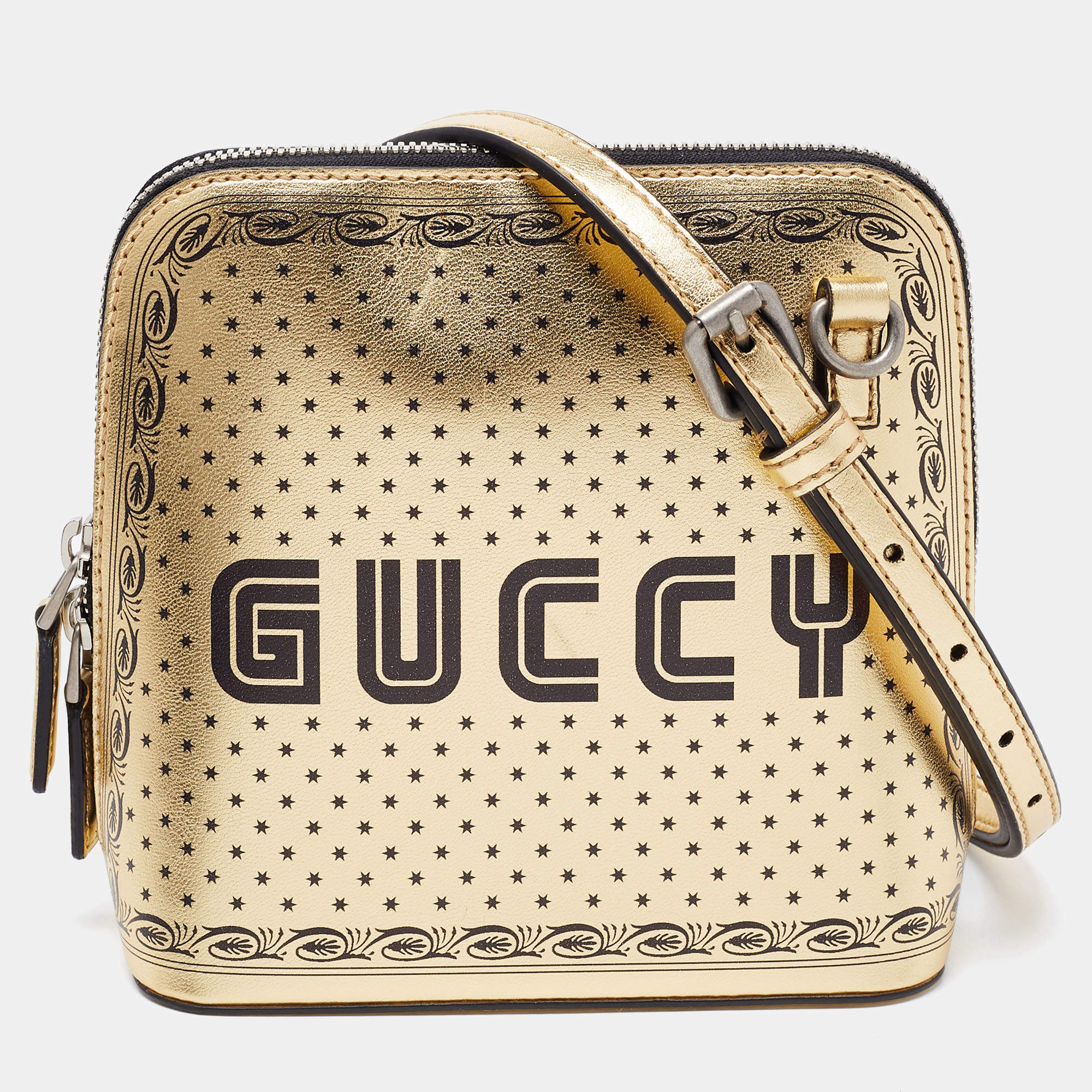 Pre Owned Gucci Metallic Gold/Black Leather Mini Guccy Dome Crossbody Bag
