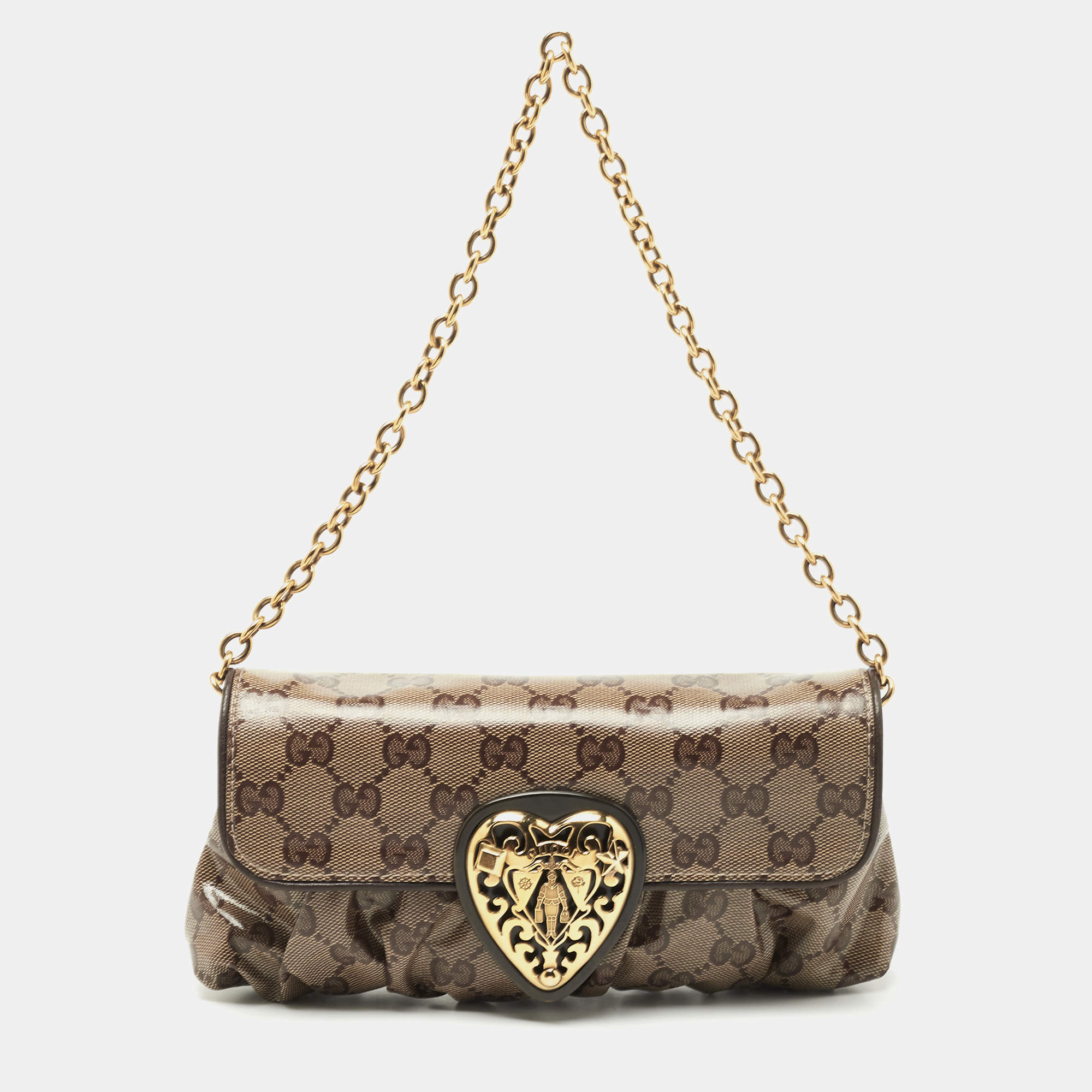 Pre Owned Gucci Beige GG Crystal Canvas Babouska Heart Chain Clutch