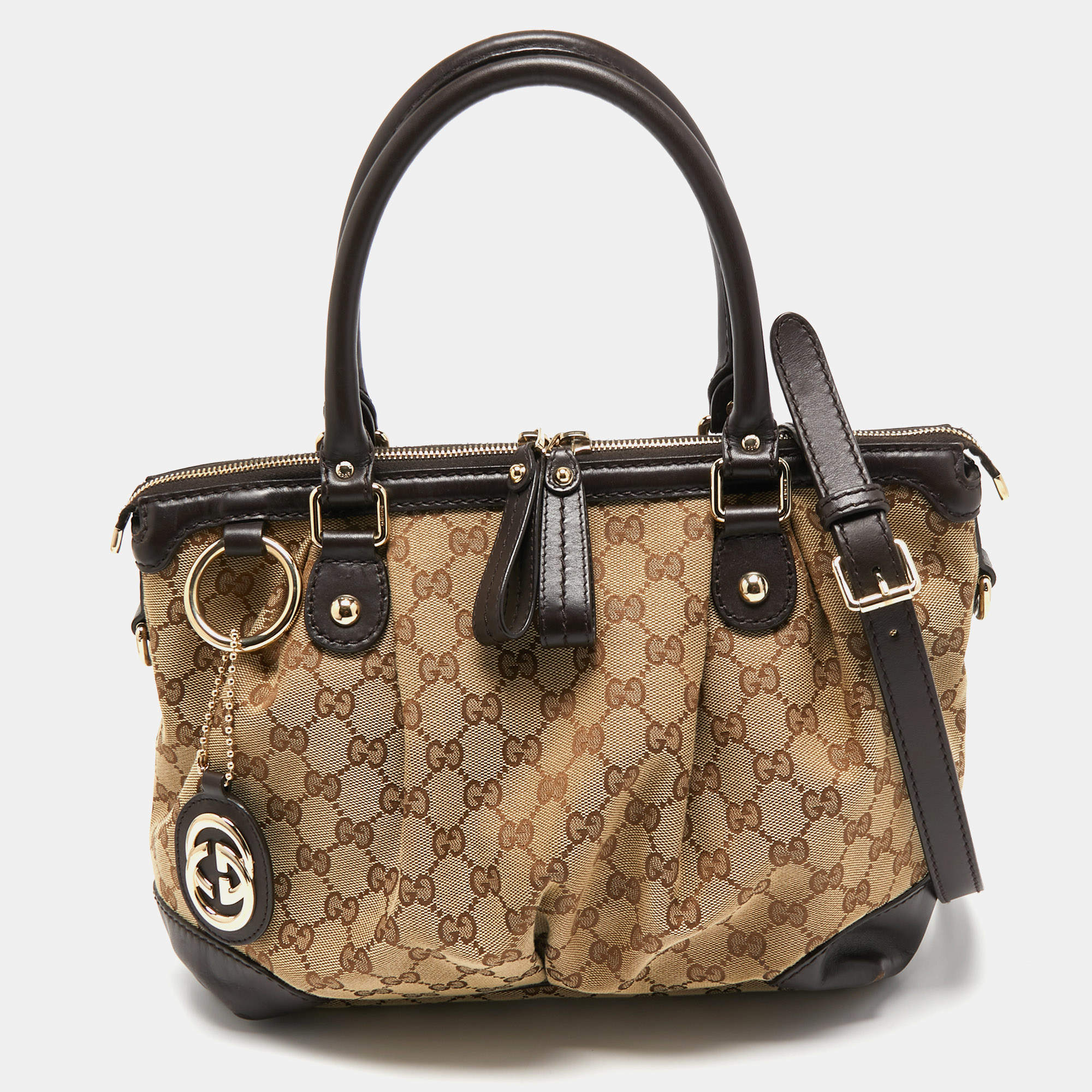 Pre Owned Gucci Beige/Ebony GG Canvas Medium Sukey Tote