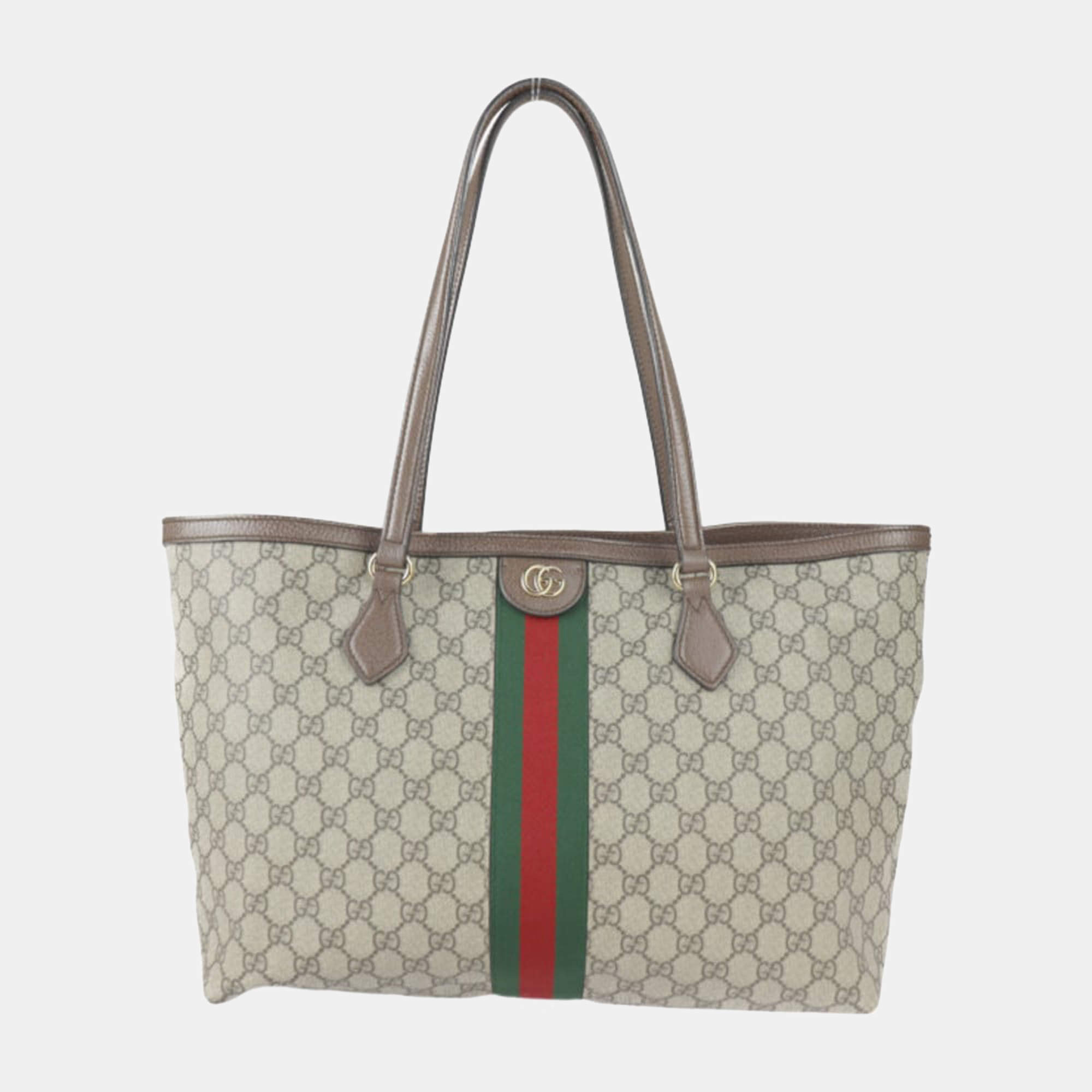 Pre Owned Gucci Beige Coated Canvas Leather Medium GG Ophidia Tote Bag 