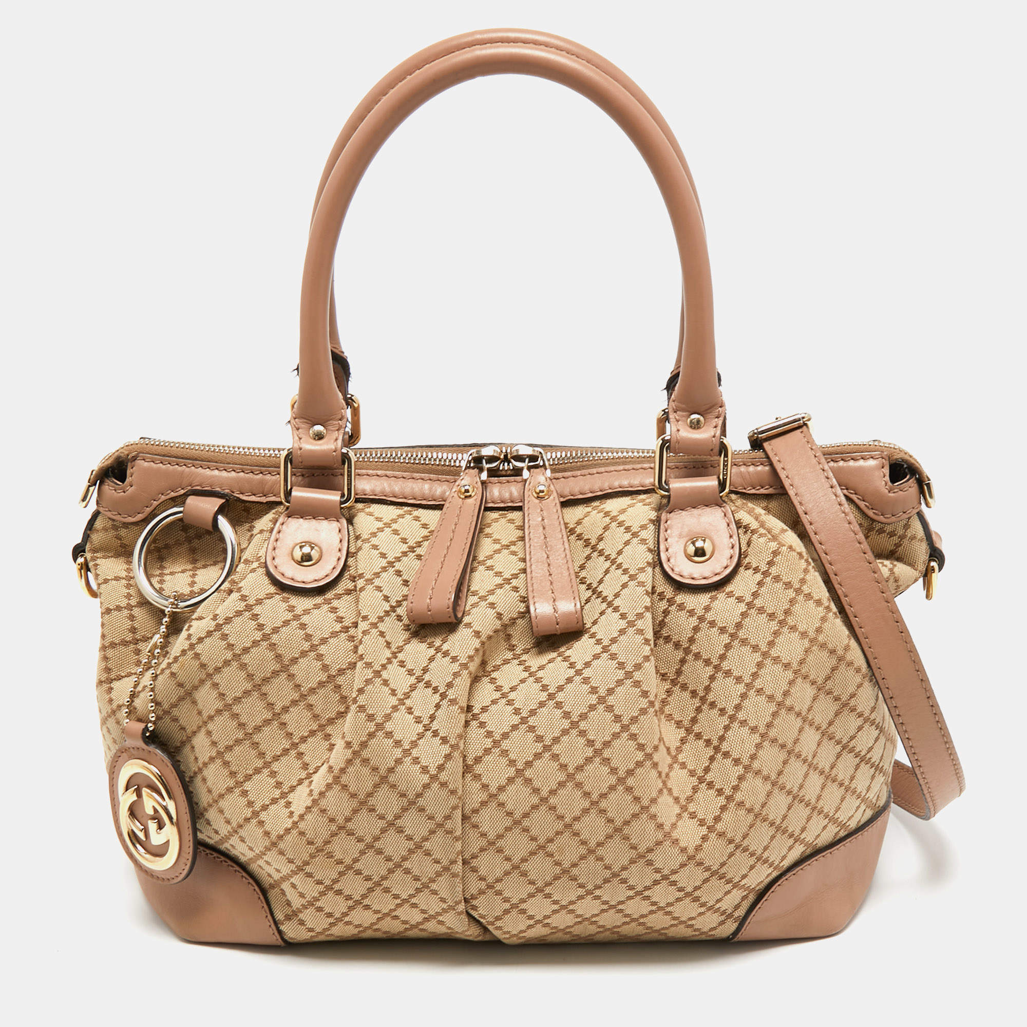 Pre Owned Gucci Pink/Beige Diamante Canvas and Leather Sukey Tote