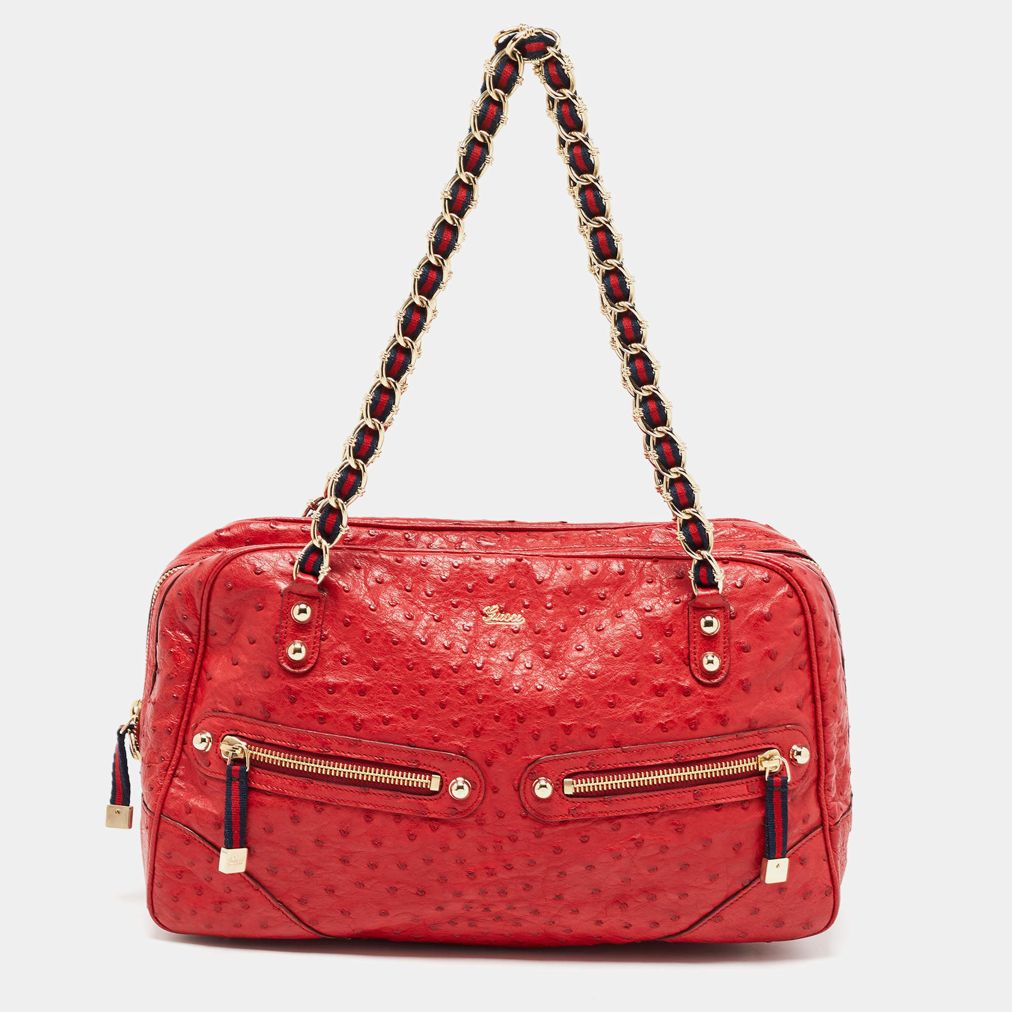 Pre Owned Gucci Red Ostrich Capri Bowler Bag