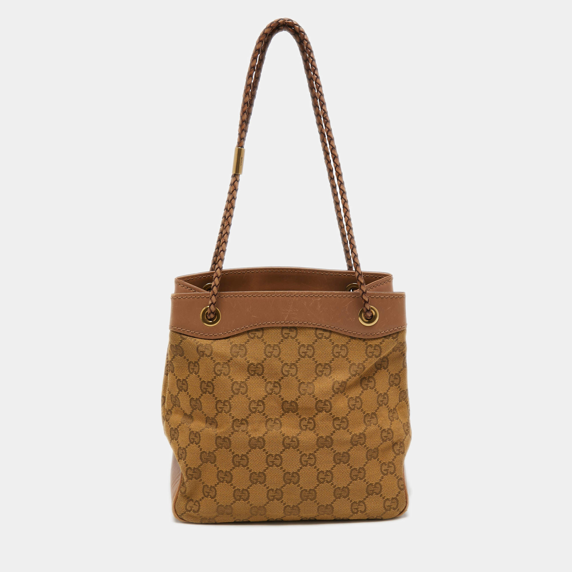 Pre Owned Gucci Beige GG Canvas and Leather Braided Handle Tote
