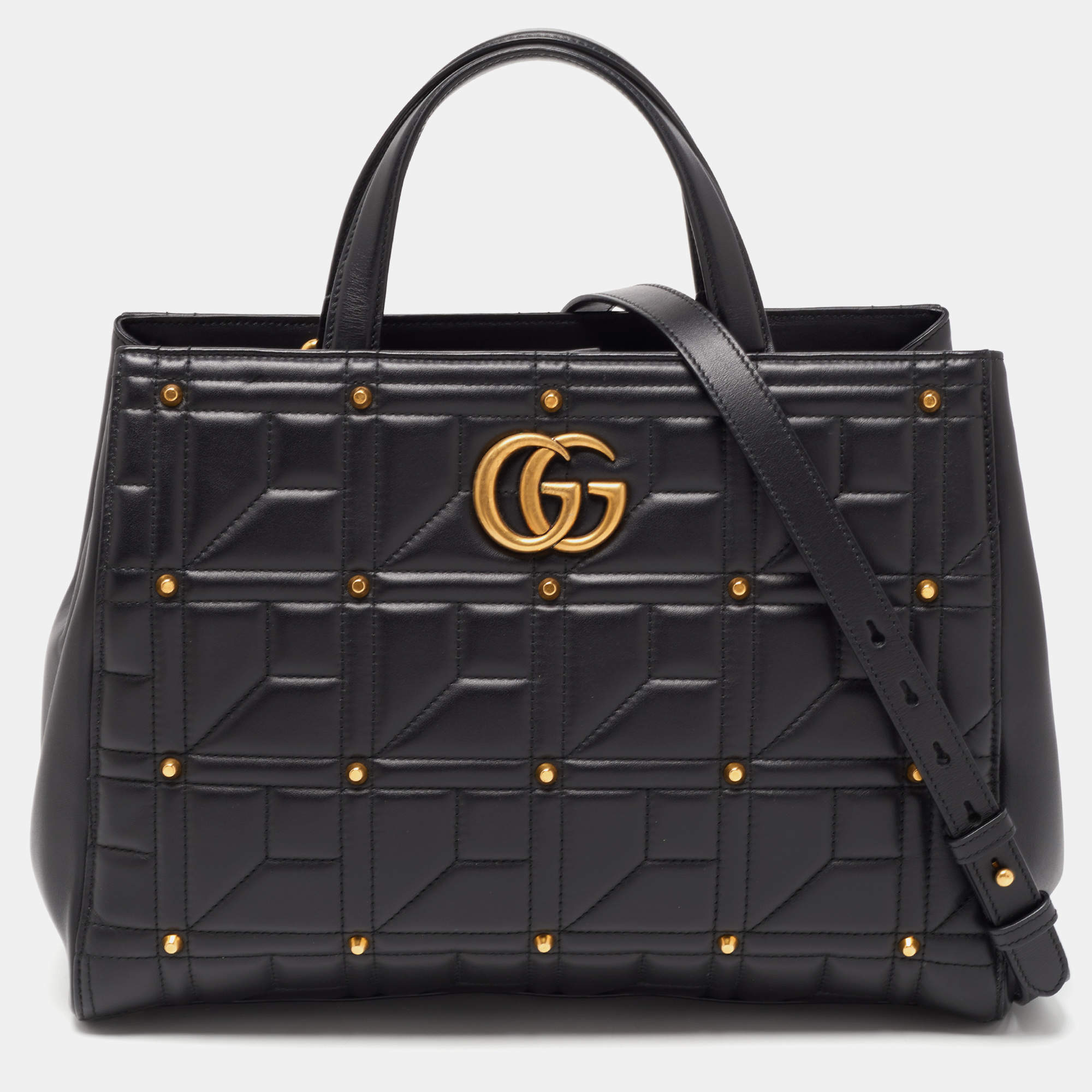 Pre Owned Gucci Black  Matelassé Leather Medium GG Marmont Tote