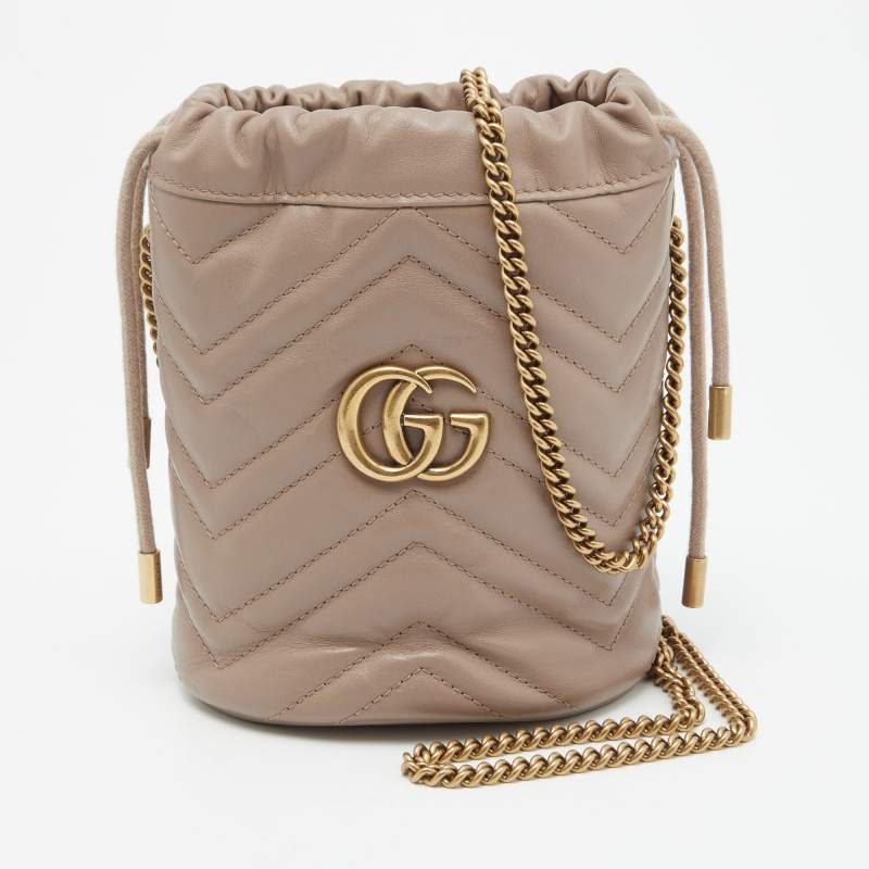 Pre Owned Gucci Beige Matelassé Leather Mini GG Marmont Torchon Bucket Bag
