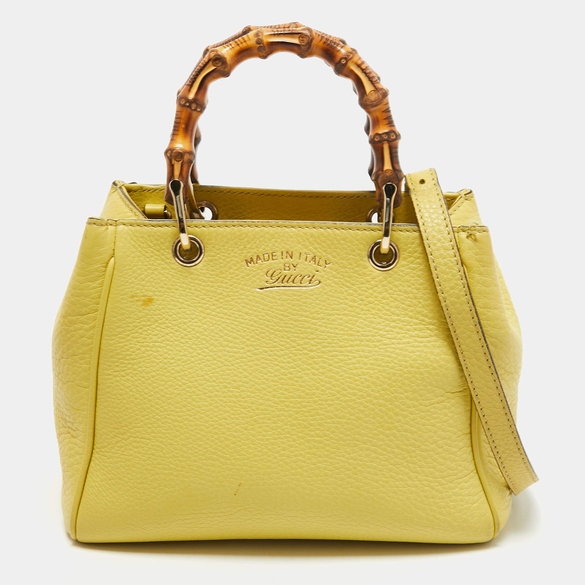 Pre Owned Gucci Yellow Leather Mini Bamboo Tote