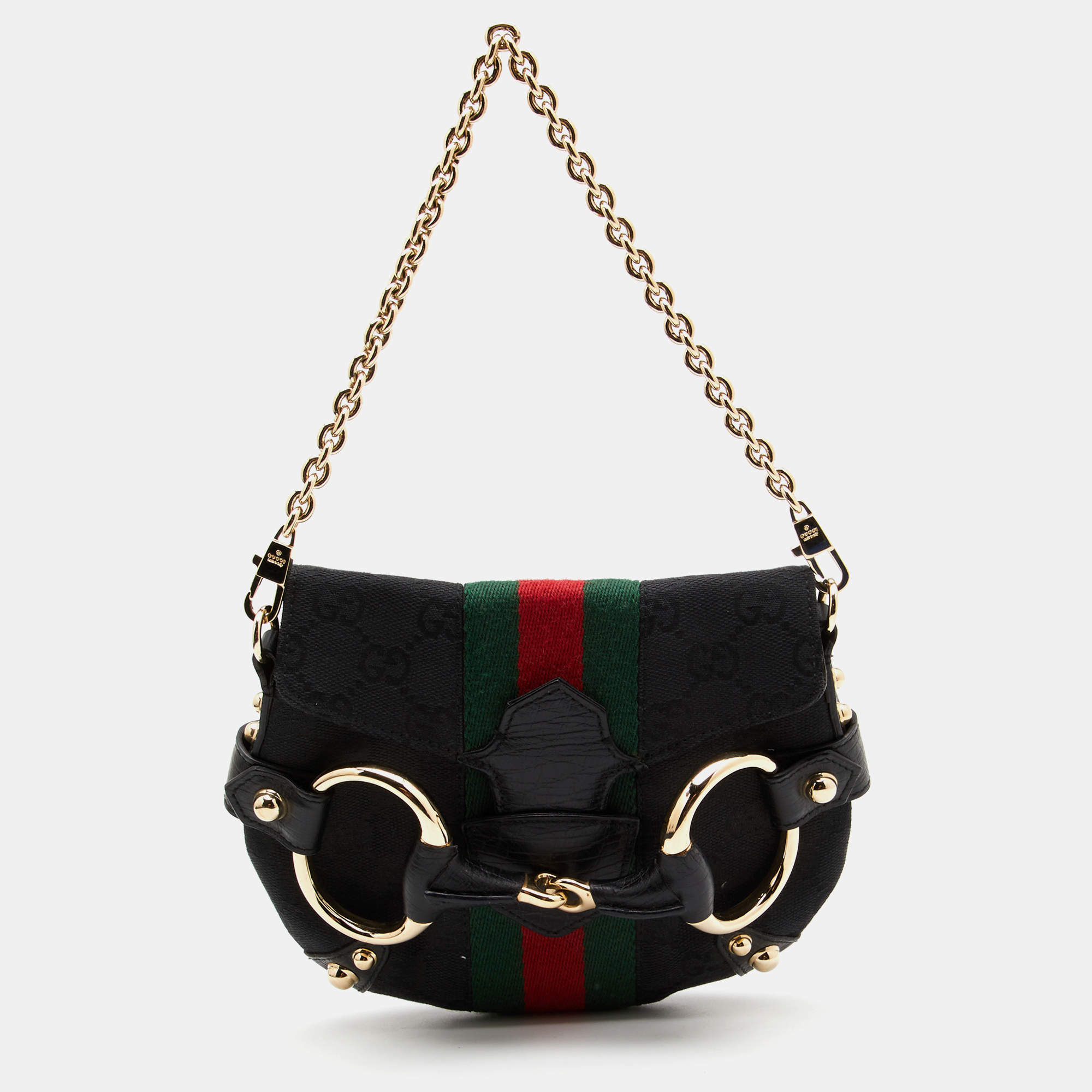 Pre Owned Gucci Black GG Canvas and Leather Horsebit Chain Shoulder Bag