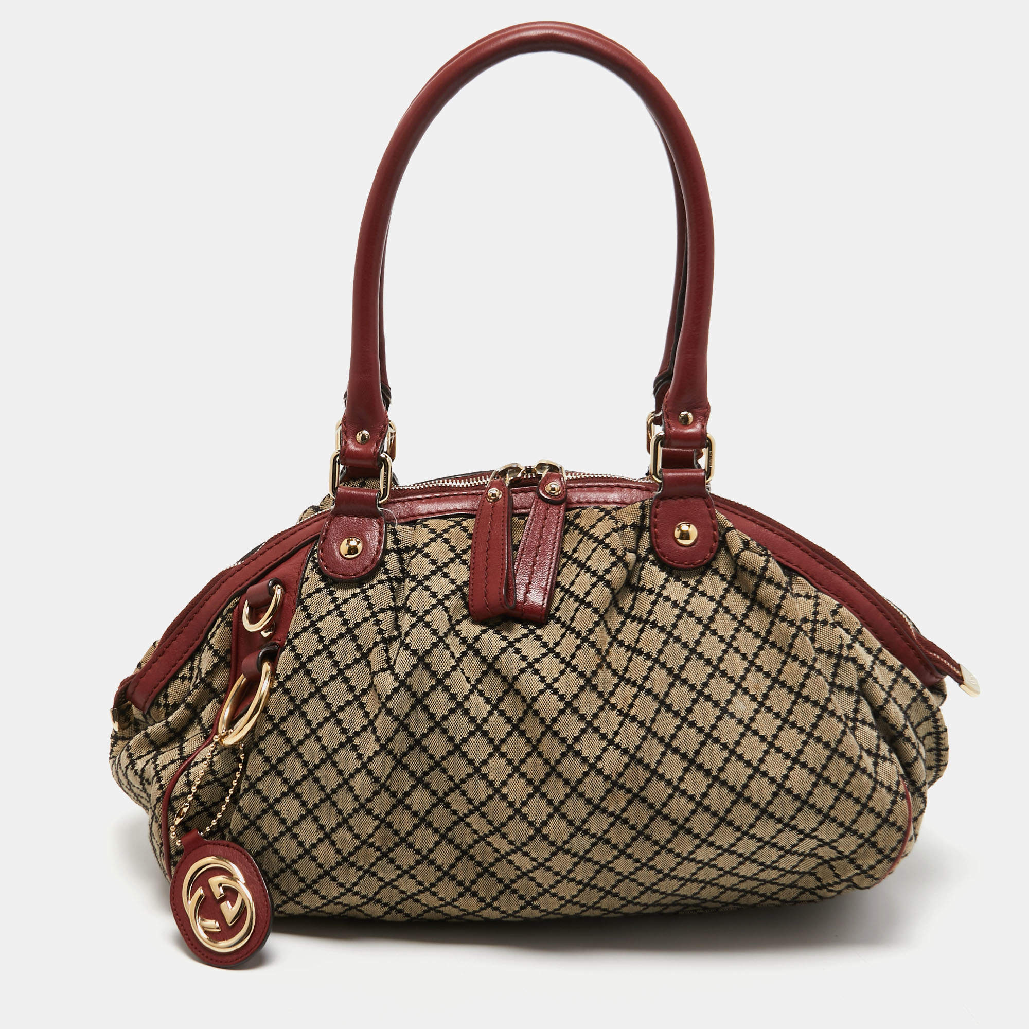 Pre Owned Gucci Red/Beige Diamante Canvas and Leather Medium Sukey Boston Bag