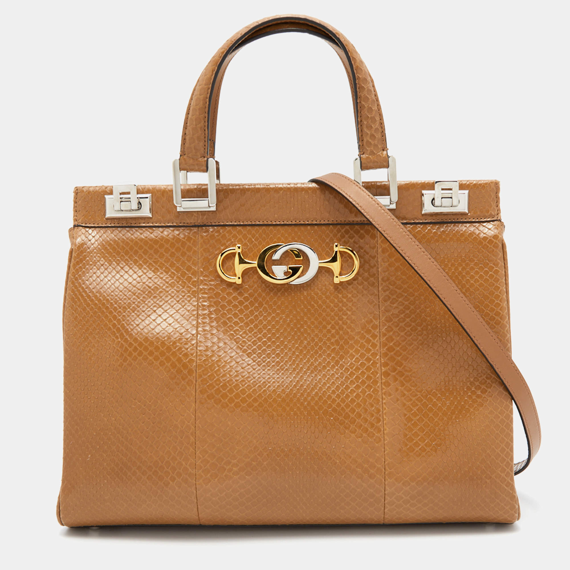 Pre Owned Gucci Light Brown Python Leather Medium Zumi Tote