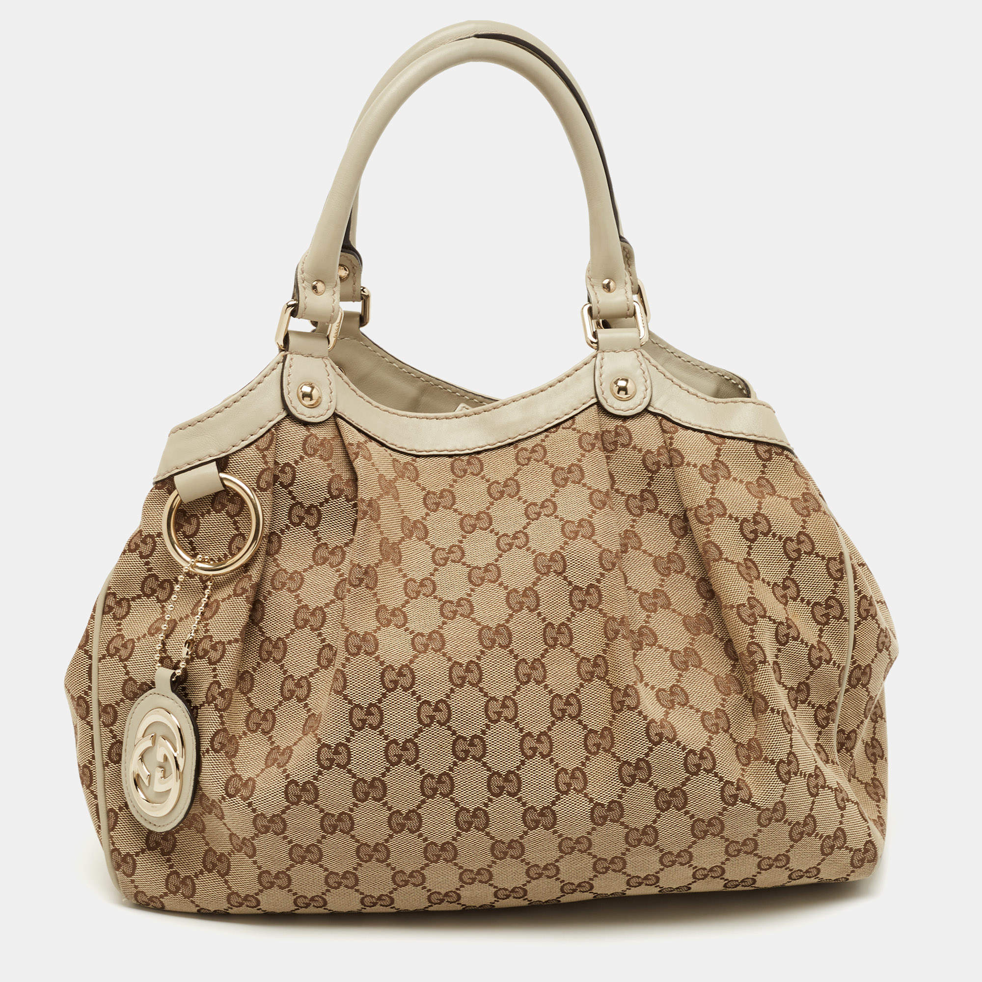 Pre Owned Gucci Beige GG Canvas and Leather Medium Sukey Tote